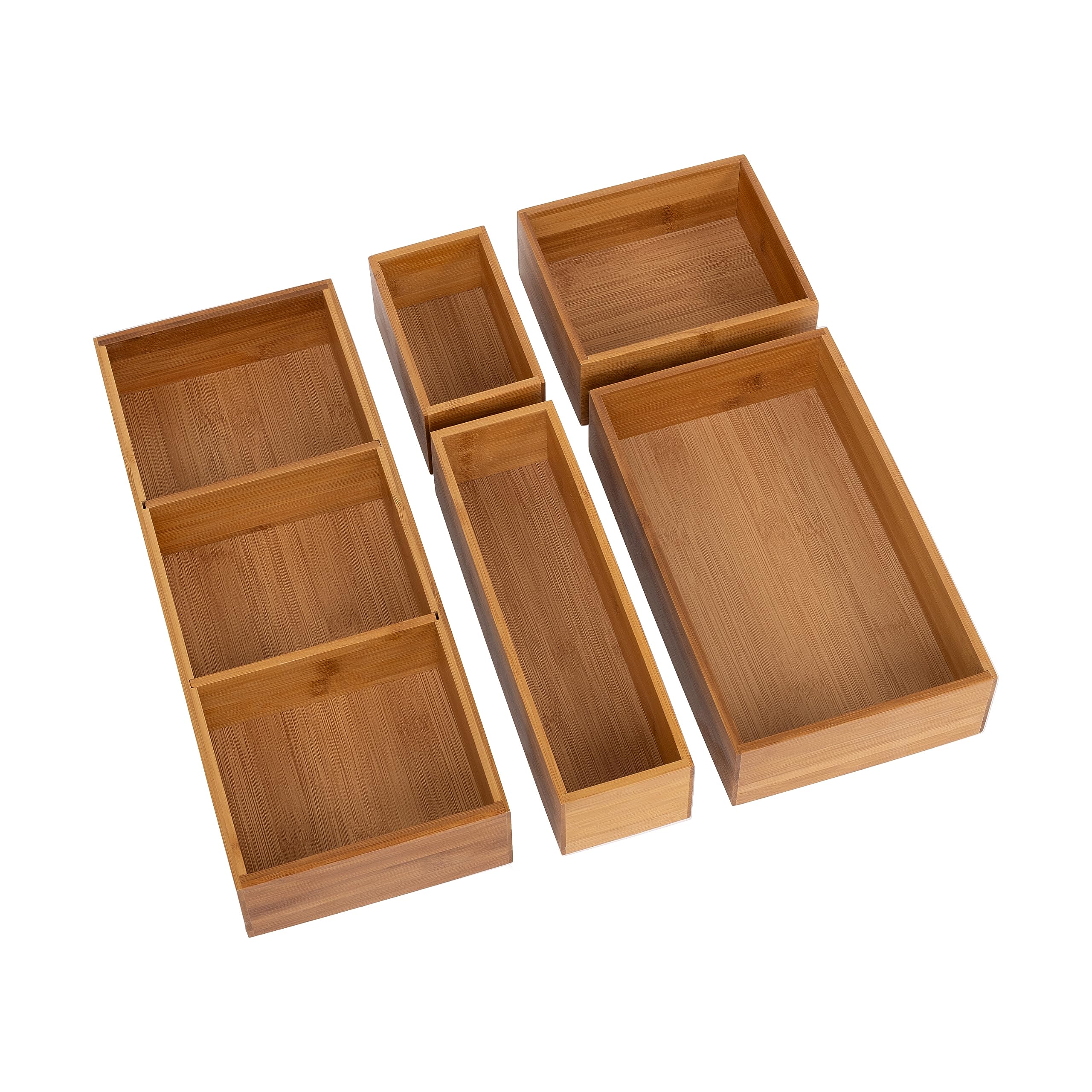 Seville Classics Premium Bamboo Organizer Storage Bins Set with Dividers - 5 Piece for Kitchen, Pantry, Closet & Office (Silverware, Utensils, Pens, Makeup, K-Cups) | Durable & Stylish Home Organization Solution