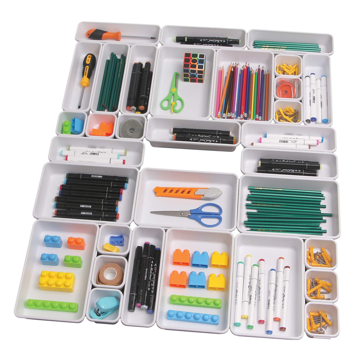 32-Piece Drawer Organizer Set - Plastic Tray Dividers for Kitchen, Office & Bathroom Storage