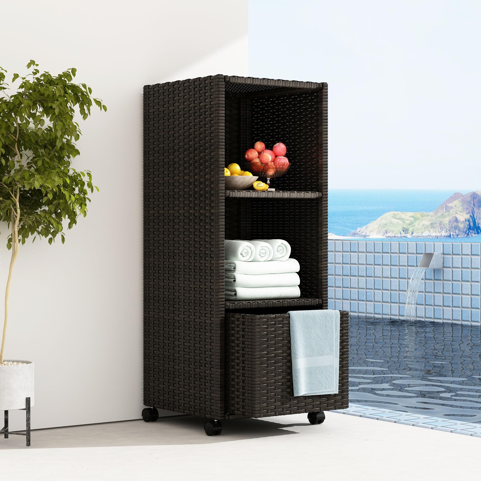 Lovinouse Waterproof Wicker Outdoor Towel Storage Cabinet with Shelves & Drawer - Rolling Wheels Pool Towel Organizer for Patio, Garden, Poolside, Backyard, Porch - Perfect for Beach Towels, Swim Gear & Outdoor Essentials (Brown)