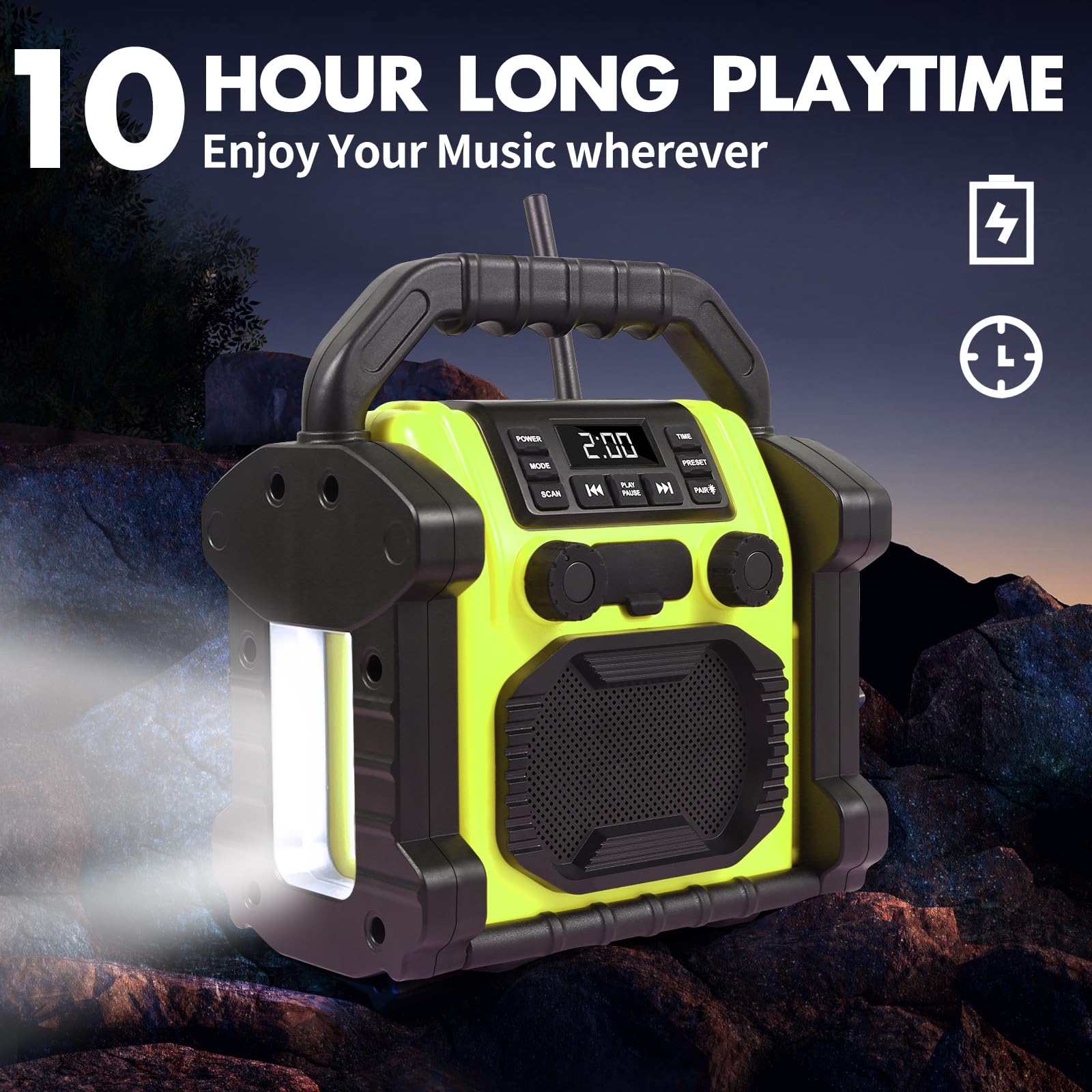 30W IPX66 Waterproof Bluetooth Jobsite Radio with FM, LED Lights & Clock - Portable Anti-Collision Speaker for Construction, Outdoor, Fishing, Camping & Parties (Yellow) | Perfect for Job Sites, Backyard BBQs & Beach Adventures