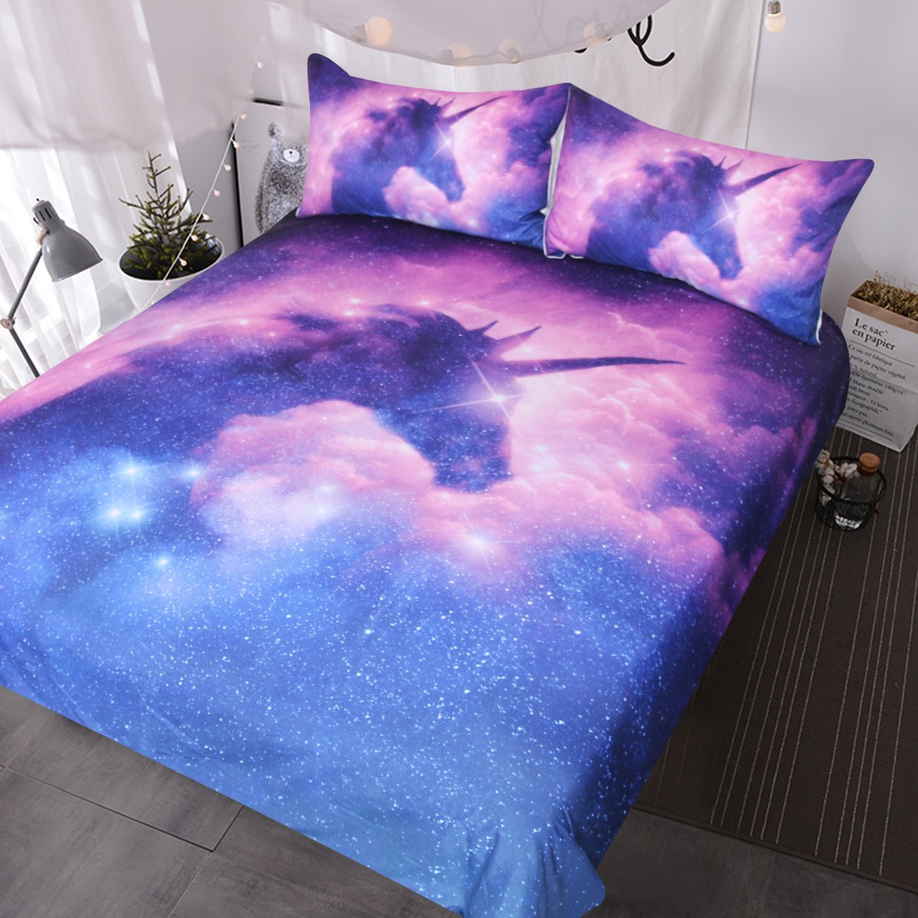 BlessLiving Purple Galaxy Unicorn Twin Bedding Set for Kids & Teens | 3-Piece Psychedelic Space Unicorn Comforter Set with Sparkly Pink & Purple Design | Perfect for Girls' Bedroom Decor, Sleepovers & Fantasy Themed Rooms