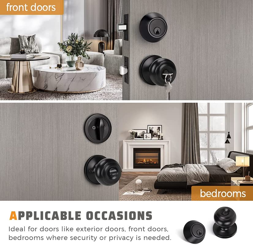 KNOBWELL Black Keyed Entry Door Knob with Deadbolt Set - Secure Front Door Lock for Home & Office