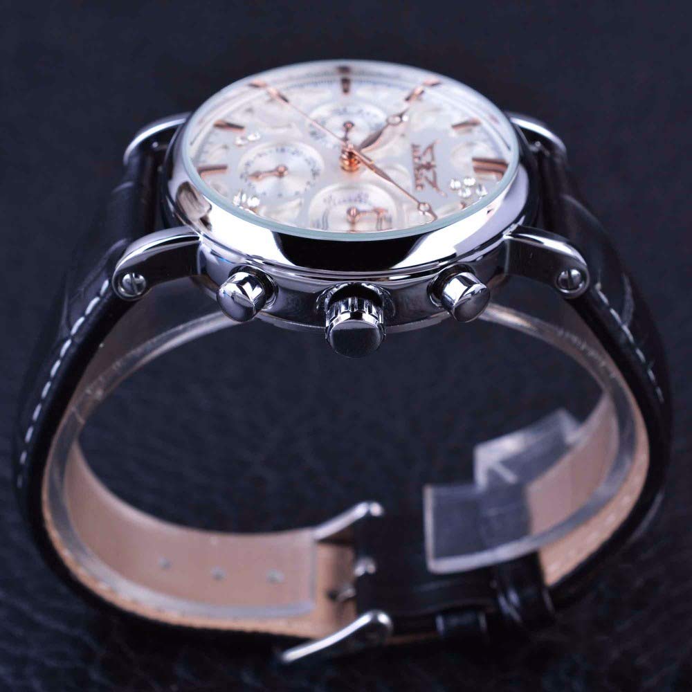 Premium Blue Hands White Dial Leather Strap Men's Automatic Mechanical Watch with 3 Subdials & Diamond Accents - Perfect for Business, Formal Events & Luxury Gift Giving