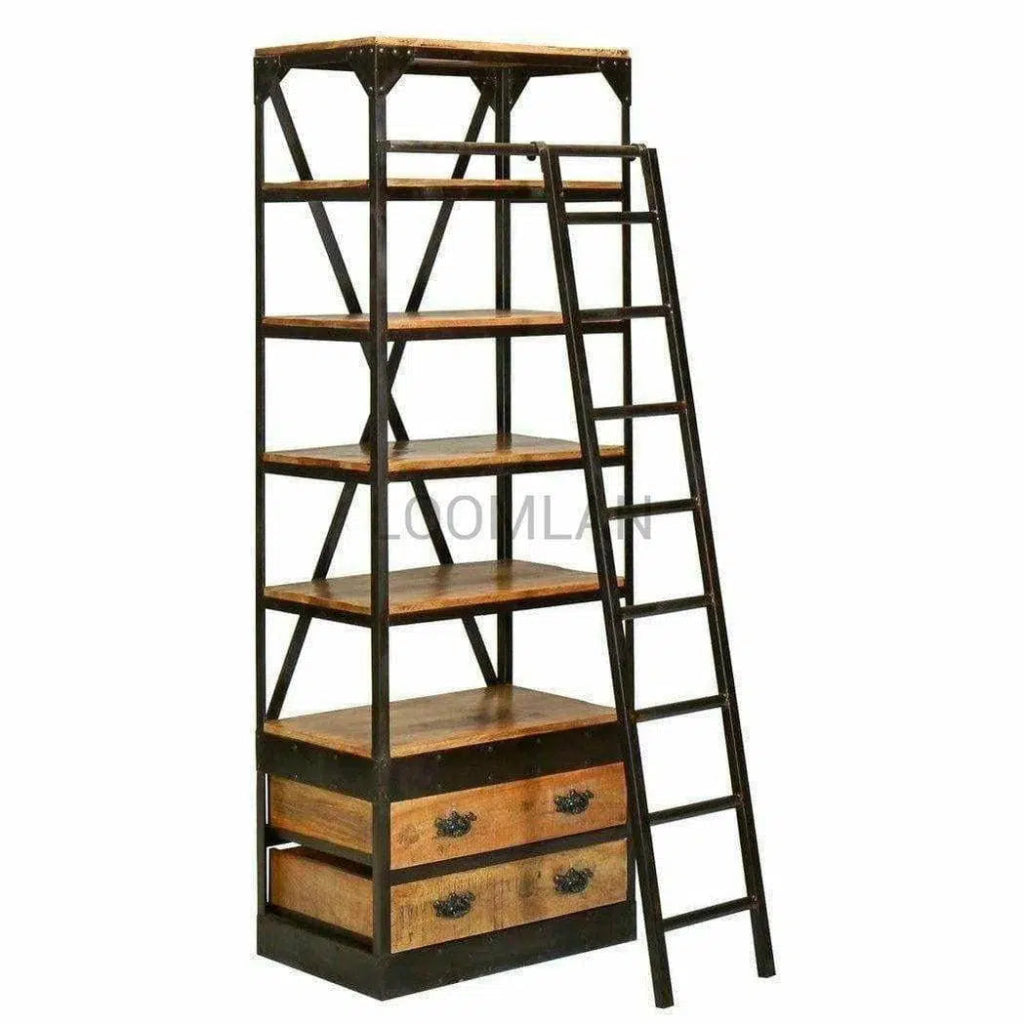 80x32 Inch Industrial Style Library Bookcase with Ladder - Sturdy Wooden Bookshelf for Home Office, Study Room or Classroom Storage Organization