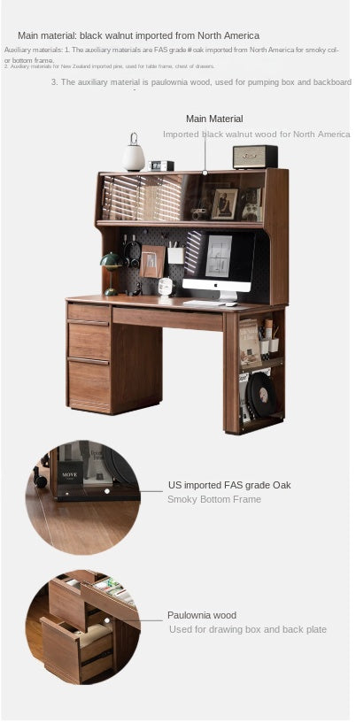 Premium Black Walnut Solid Wood Computer Desk with Bookshelf - Home Office Workstation for Remote Work & Study