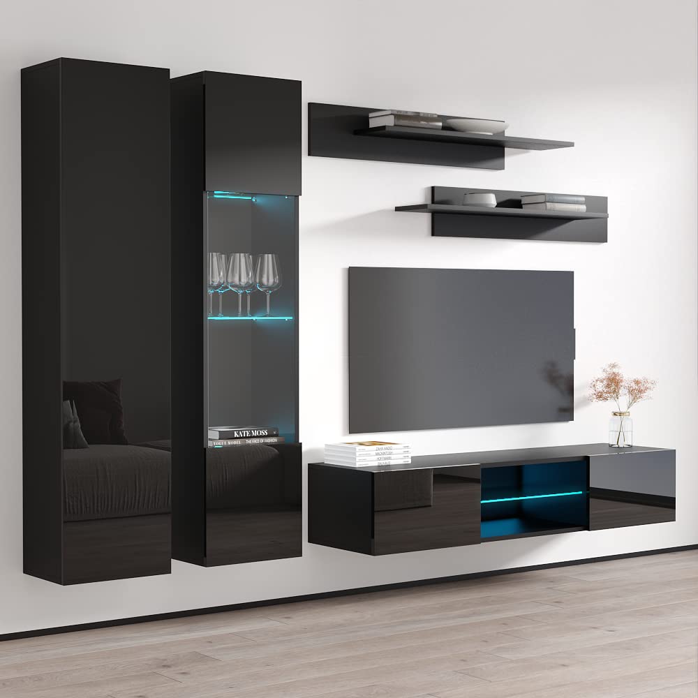 Modern Floating TV Stand with Storage & LED Lights - Wall-Mounted Entertainment Center Console for Bedroom & Living Room - Meble Furniture Fly A5 33