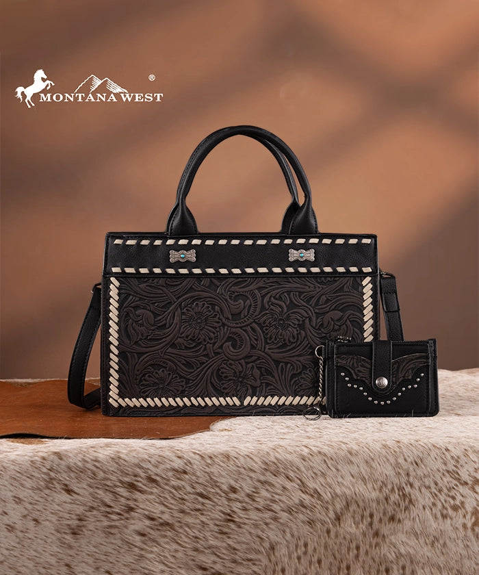 Montana West Floral Tooled Leather Tote Bag Set for Women - Stylish Handbag for Work, Travel & Everyday Use