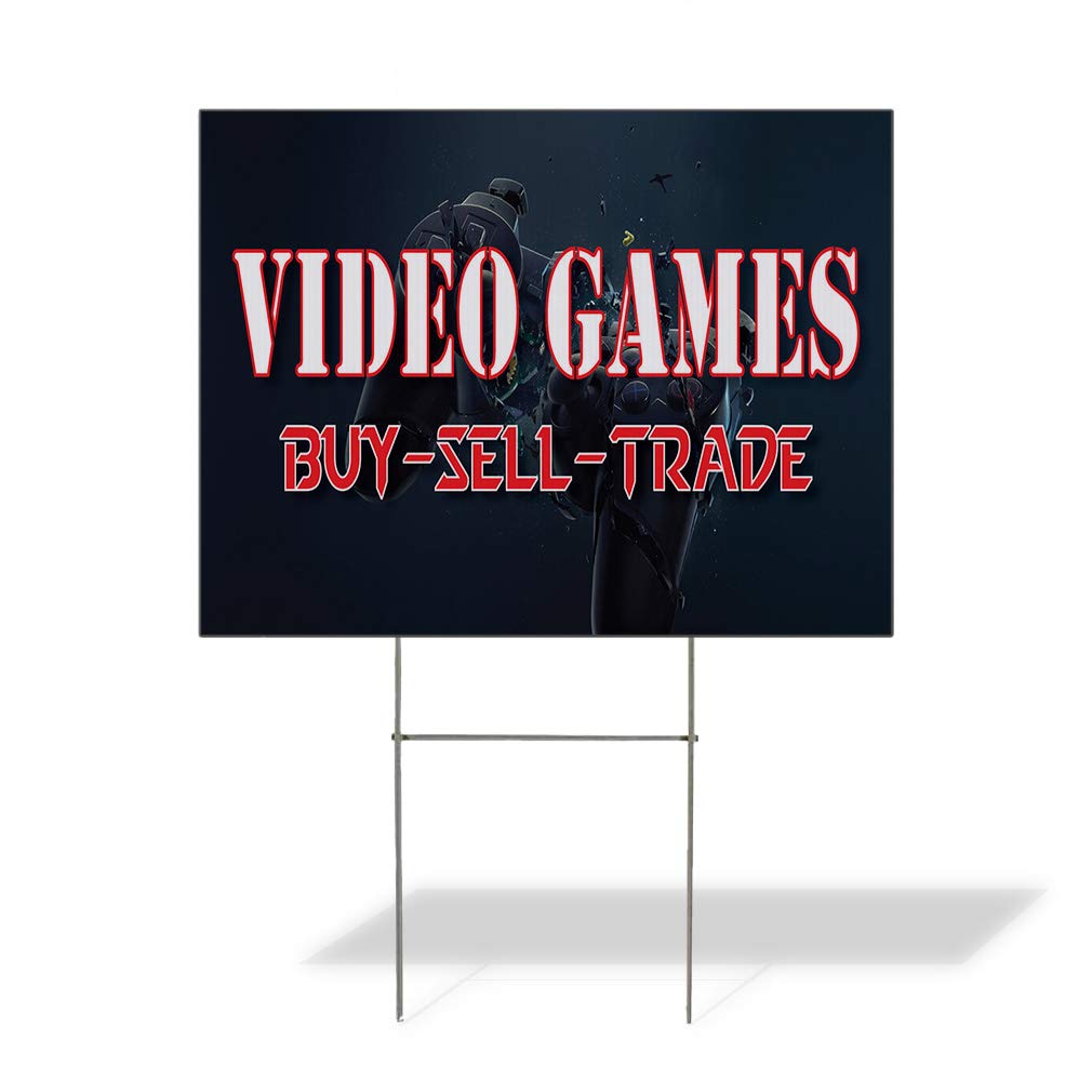 Waterproof Yard Signs for Video Game Buy/Sell/Trade Business - 18x12 Inches Single-Sided Print in Blue & Green - Perfect for Lawn, Garden & Outdoor Advertising Displays