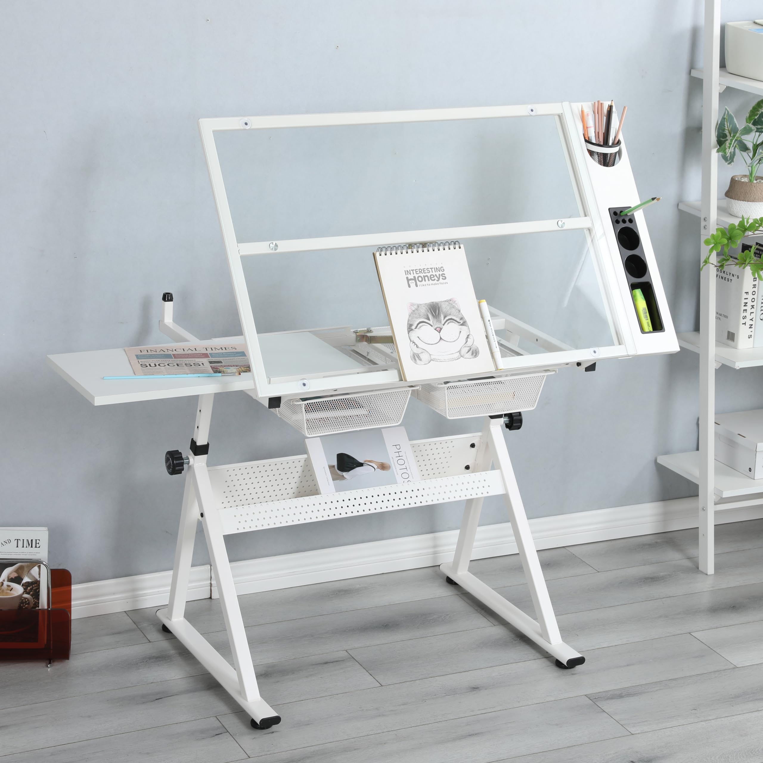 Adjustable Drafting Table with Tilting Glass Top & Stool - Multifunctional Art Craft Drawing Desk, Study Metal Workstation with Storage - Perfect for Home Office, Studio & Creative Workspaces (White)