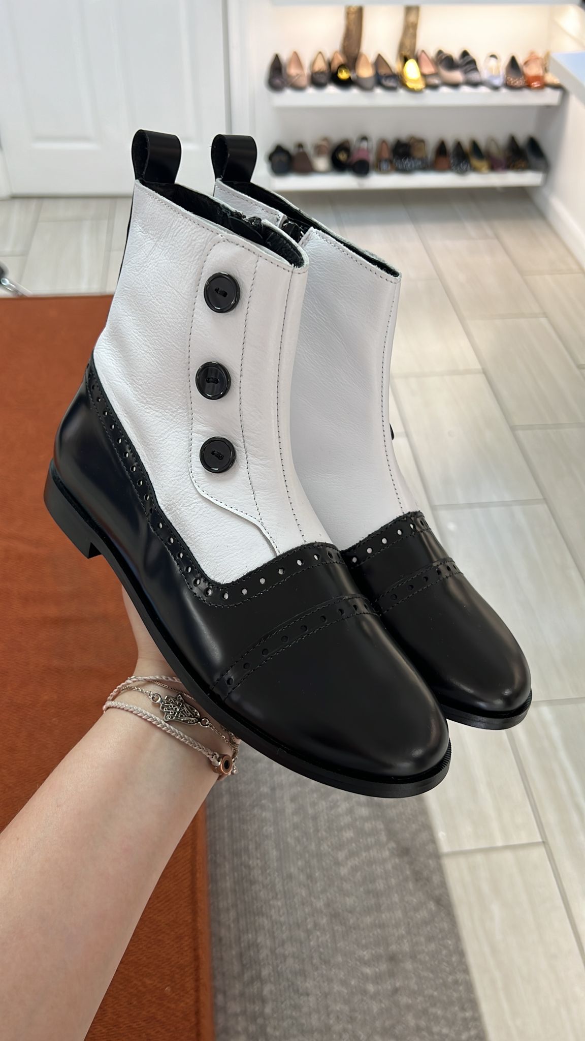 Spain+Co Women's Black and White Button Detail Ankle Boots - Stylish Chunky Heel Booties for Casual Outfits, Office Wear & Fall Fashion