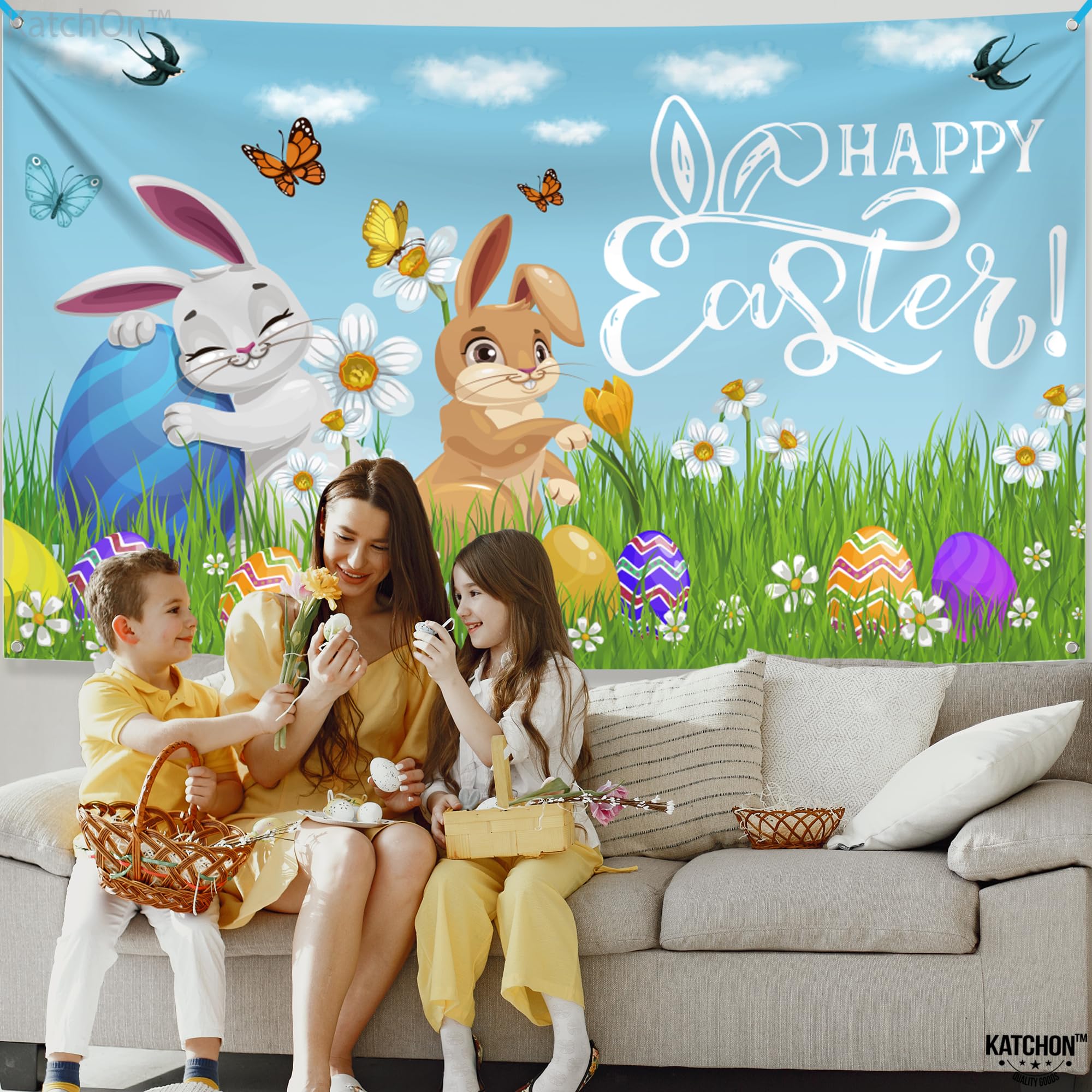 KatchOn Extra Large 72x44 Inch Happy Easter Banner Decorations - Outdoor Easter Party Backdrop, Photography Background & Wall Decor for Easter Celebrations, Church Events & Spring Festivals