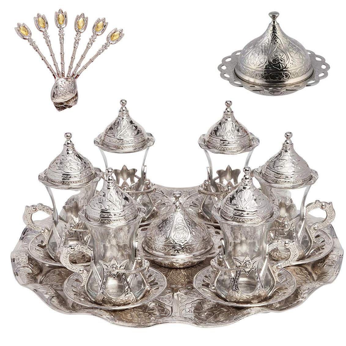 Handmade Turkish Tea Set with Zamzam Water Glasses, Saucer, Tray & Spoon (Silver) - Perfect for Traditional Tea Ceremonies, Home Decor & Gift Giving