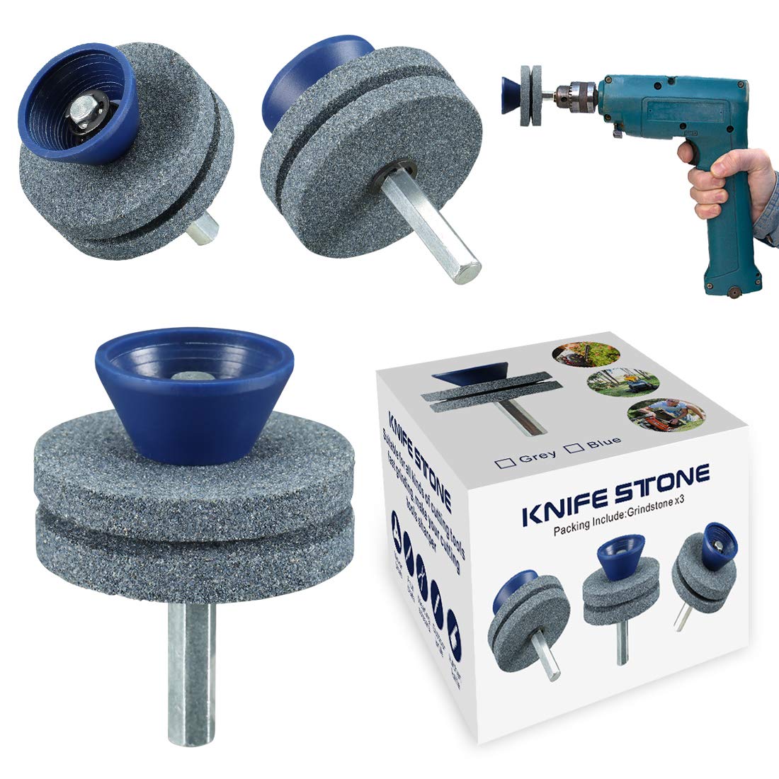 Premium Double Layer Corundum Lawn Mower Blade Sharpener - Universal Drill Attachment for Power/Hand Drills - Durable Grindstone Wheels for Easy Sharpening (Gray) - Perfect for Home Lawn Care & Professional Landscaping