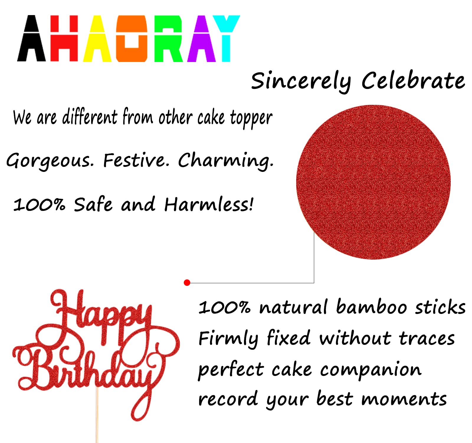 Red Glitter Happy Birthday Cake Topper & Bunting Decor - Anniversary Party Cake Decoration Supplies - Photo Booth Props for Birthday Cakes, Wedding Anniversaries & Special Celebrations