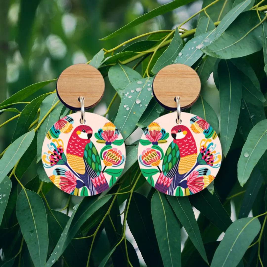 Handmade Australian Rosella Birds Wooden Earrings - Unique Boho Dangle Earrings for Women - Perfect for Casual Wear, Parties & Gifts