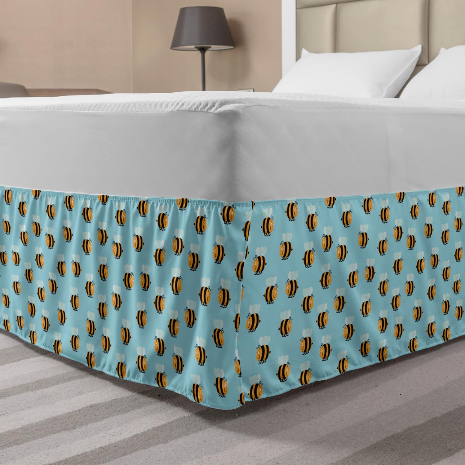 Ambesonne Queen Bee Elastic Bed Skirt - Striped Winged Character Design, Wrap Around Dust Ruffle for Queen Size Beds, Apricot Grey | Perfect for Bee-Themed Bedrooms, Kids' Rooms & Whimsical Home Decor