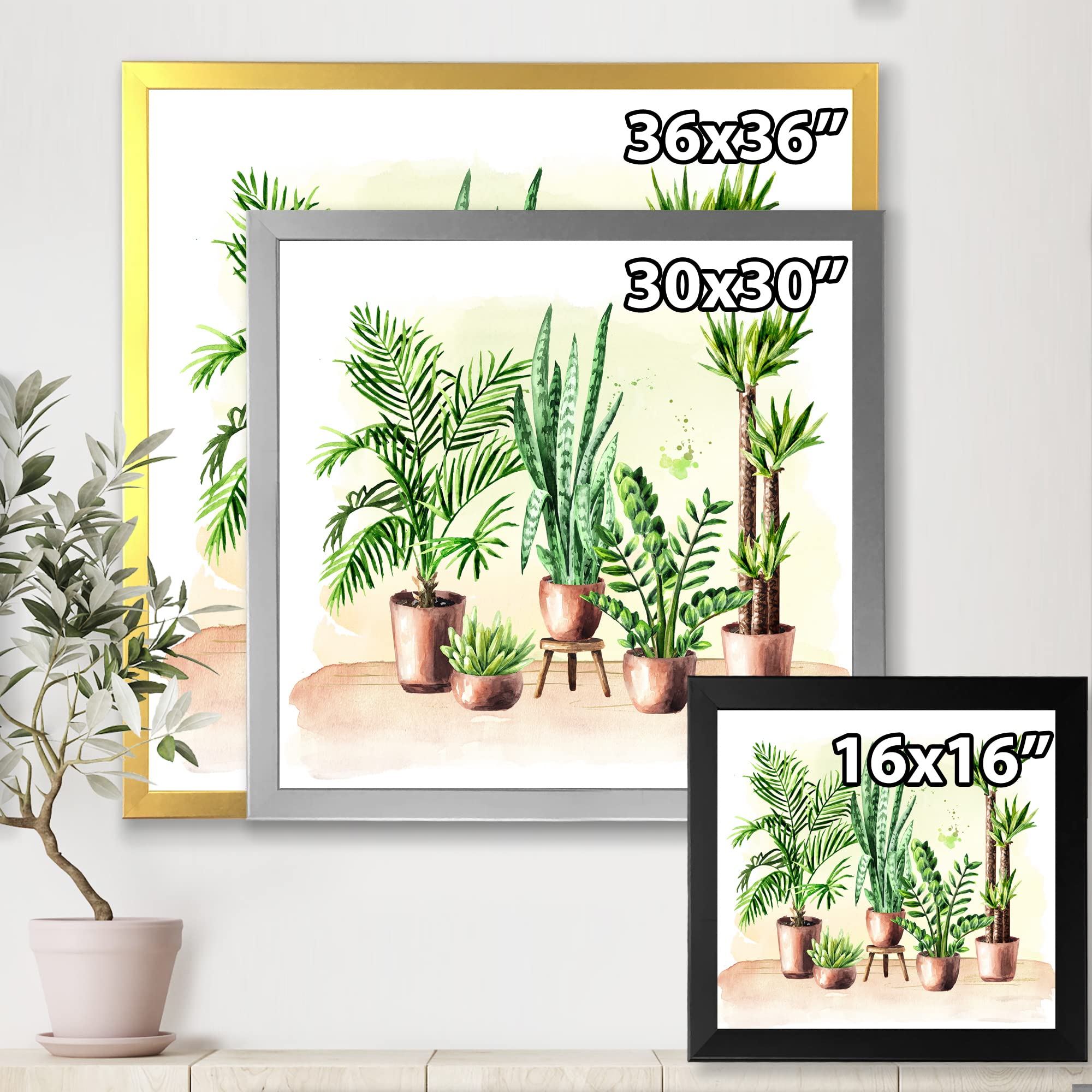Indoor Green Home House Plants - Traditional Framed Wall Art Decor for Living Room, Bedroom & Office | Nature-Inspired Botanical Prints