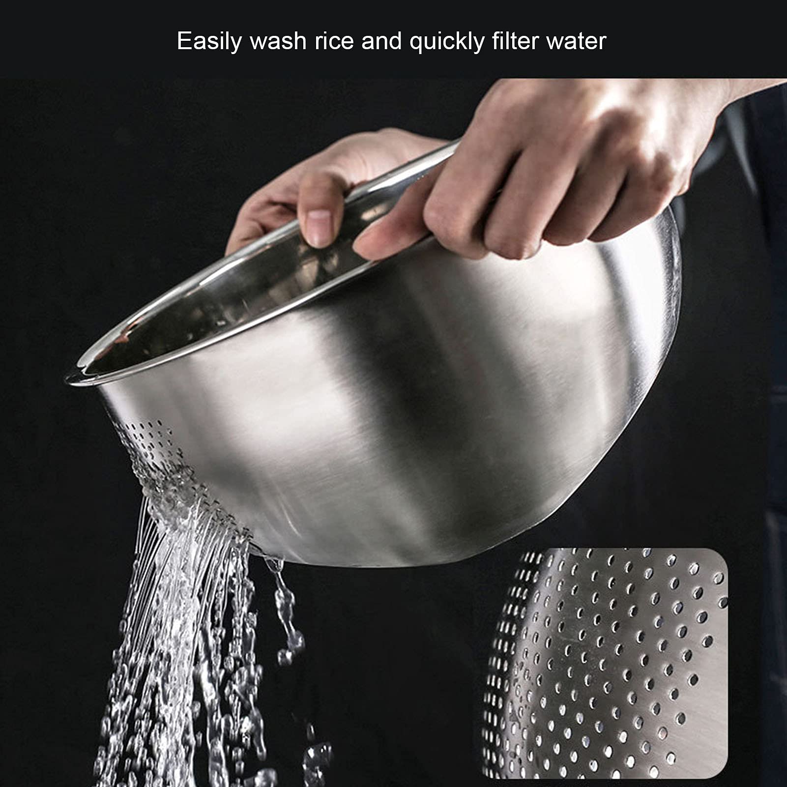 Premium Stainless Steel Rice Washing Bowl - 2-in-1 Multifunctional Colander & Kitchen Strainer with Side Drain Holes for Washing Rice, Vegetables, Fruits, Beans & Pasta - Ideal for Kitchen Prep, Salad Making & Healthy Cooking (Small Size)