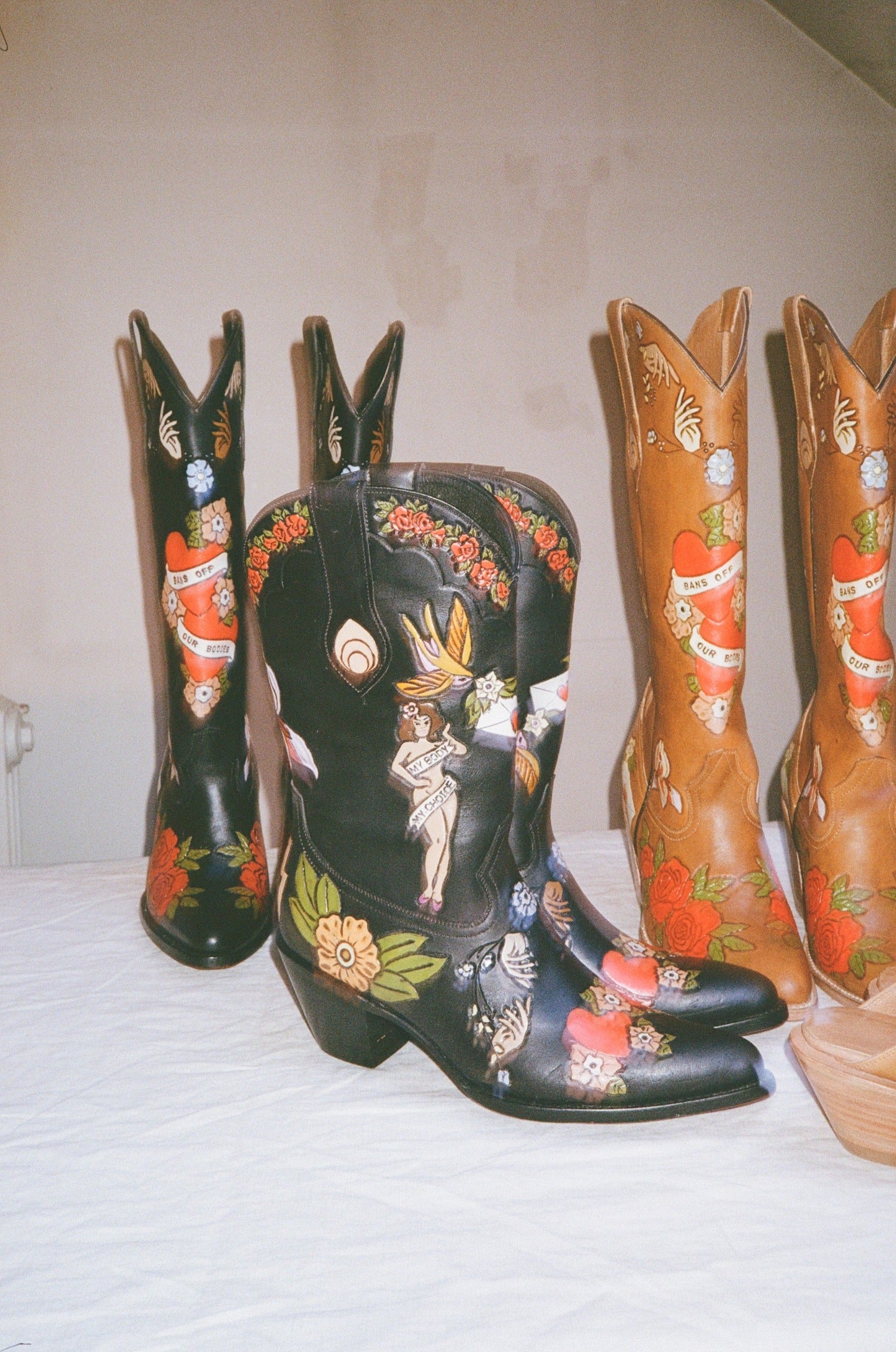 My Body My Choice Doodle Cowboy Boots in Caramel - Western Fashion for Women, Comfortable & Stylish Cowgirl Boots for Country Music Festivals & Rodeo Events