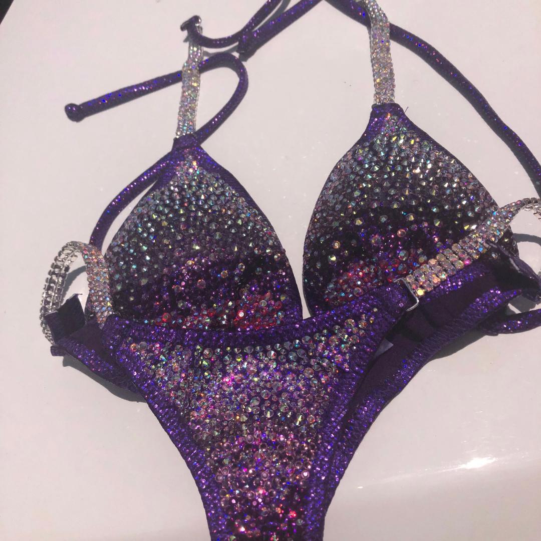Dark Purple Crystal Bikini Competition Suit - Rhinestone Posing Bikini for Women's Bodybuilding & Fitness Shows | Perfect for Stage Performances & Photo Shoots