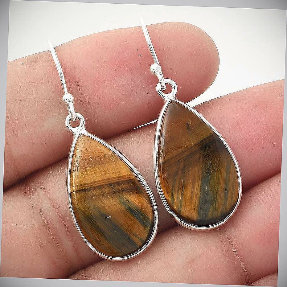 Blue Tiger Eye 925 Sterling Silver Earrings for Women - Handmade Natural Stone Dangle Earrings with French Hook - Elegant Boho Jewelry Gift for Birthday, Wedding & Everyday Wear E5014048