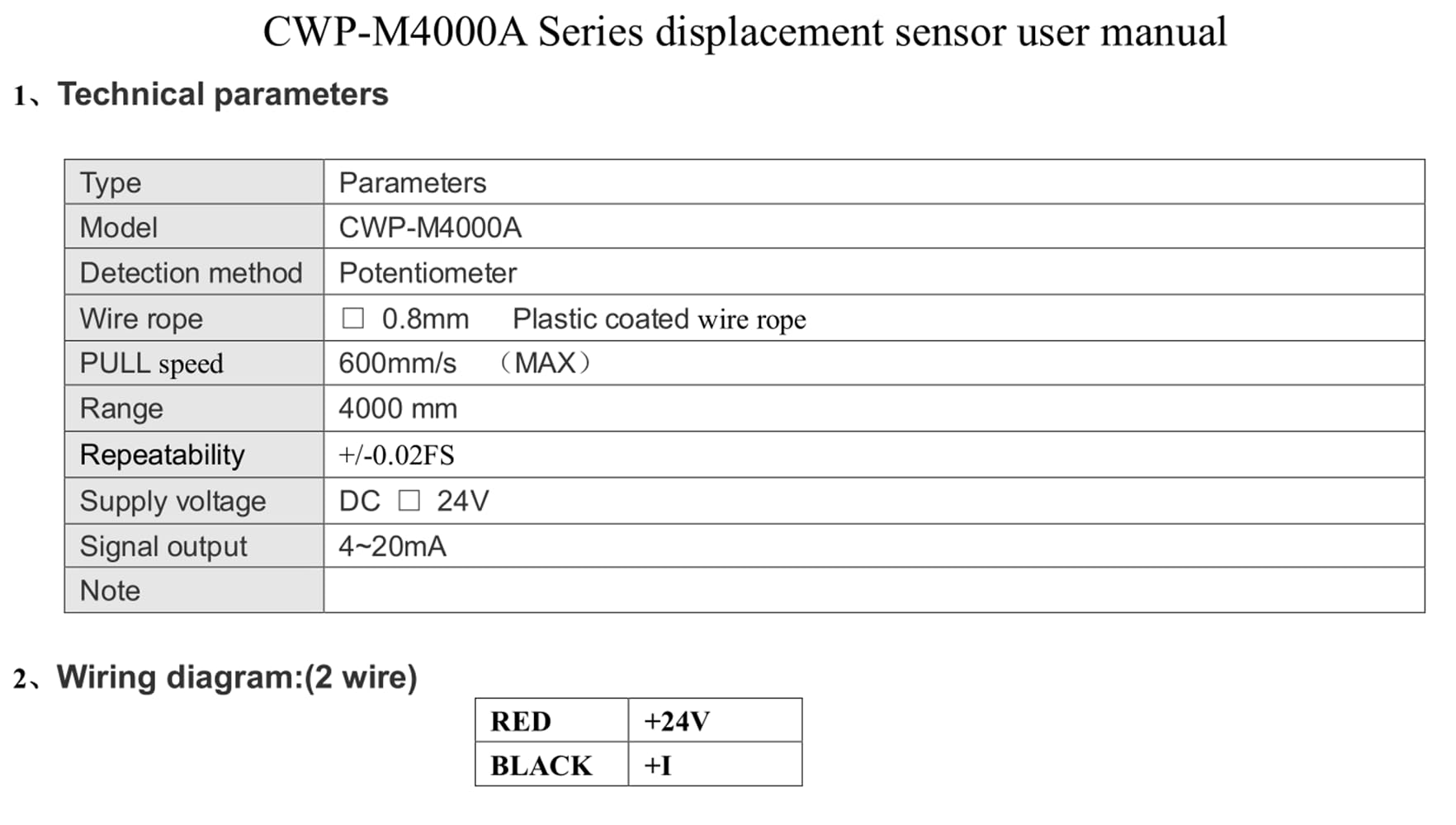 4000mm Stroke Draw Wire Linear Displacement Sensor Transducer - 24V DC Power Supply, 4-20mA Output - CWP-M4000A - Ideal for Industrial Automation, CNC Machinery, and Position Monitoring Applications