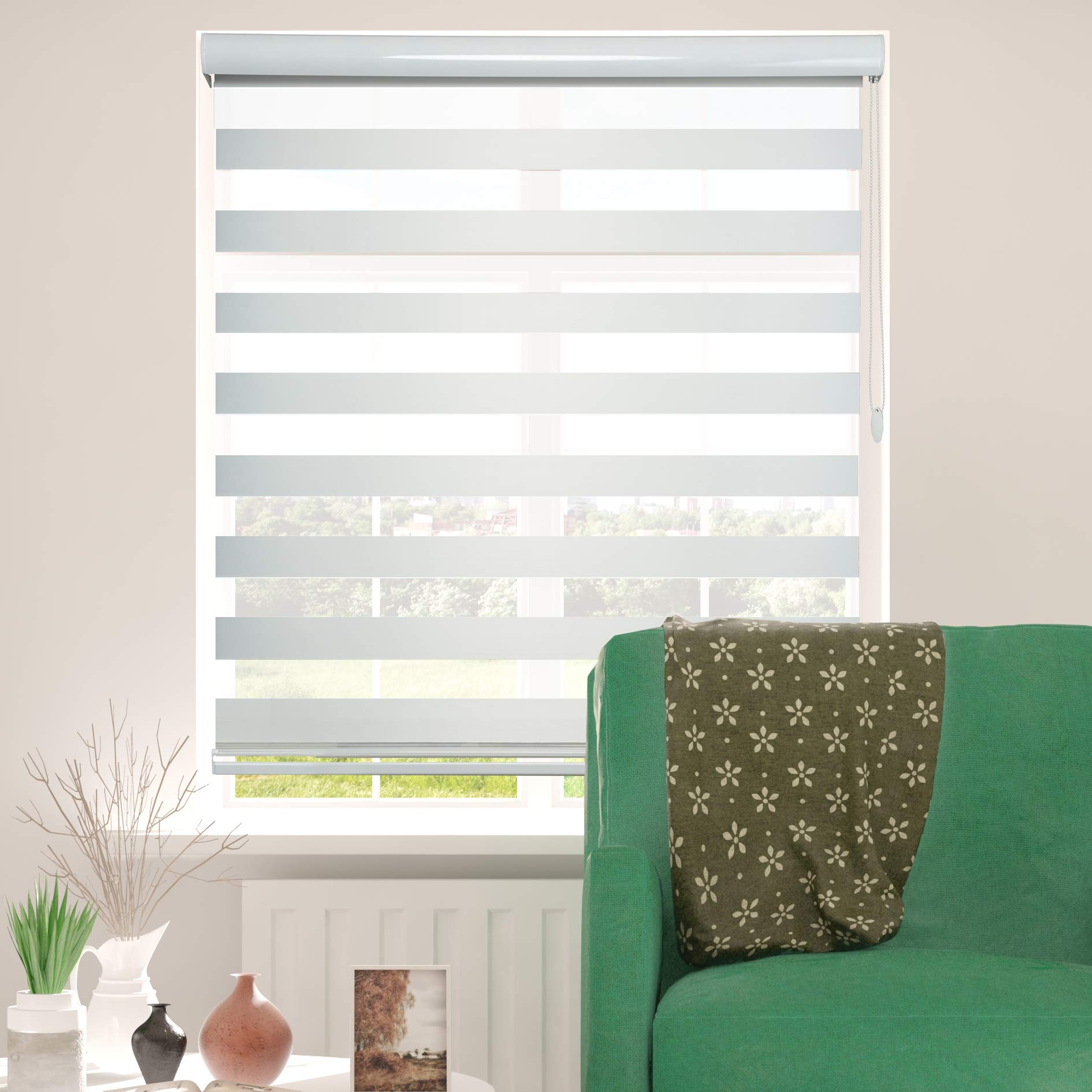 ShadesU Zebra Dual Layer Roller Sheer Shades Blinds - Light Filtering Window Treatments for Day & Night Privacy - White (93
