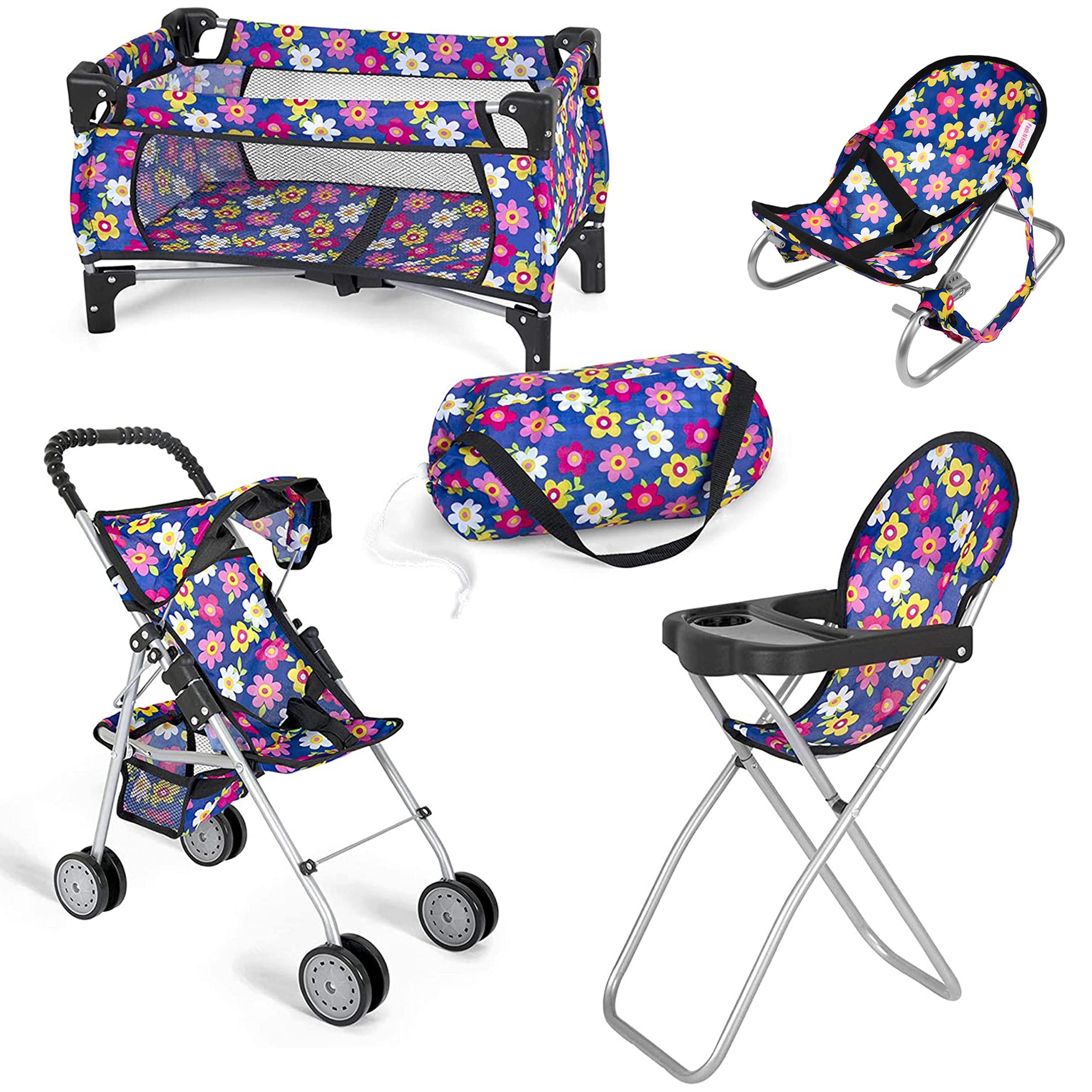 4-Piece Baby Doll Play Set with Stroller & High Chair - for 18