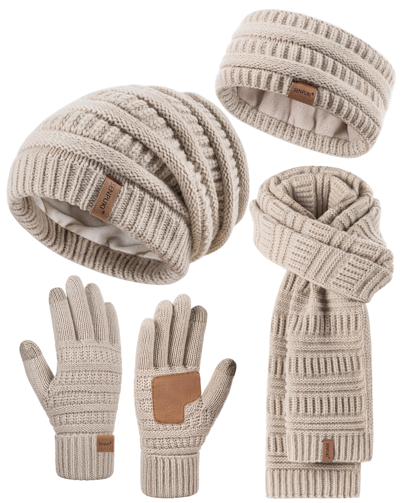 Women's Winter Beanie Hat Scarf Gloves Headband Set - Slouchy Knit Beanie, Ear Warmer, Touchscreen Gloves - Warm 4-Piece Gift Set for Cold Weather, Outdoor Activities, Skiing, Snowboarding & Daily Winter Wear