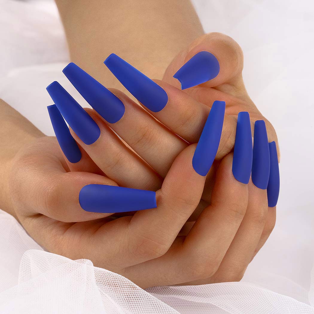 24 Pcs Long Coffin Press on Nails - Blue Matte Ballerina Fake Nails for Women & Girls | Full Cover Artificial Nails for Parties, Weddings & Special Occasions