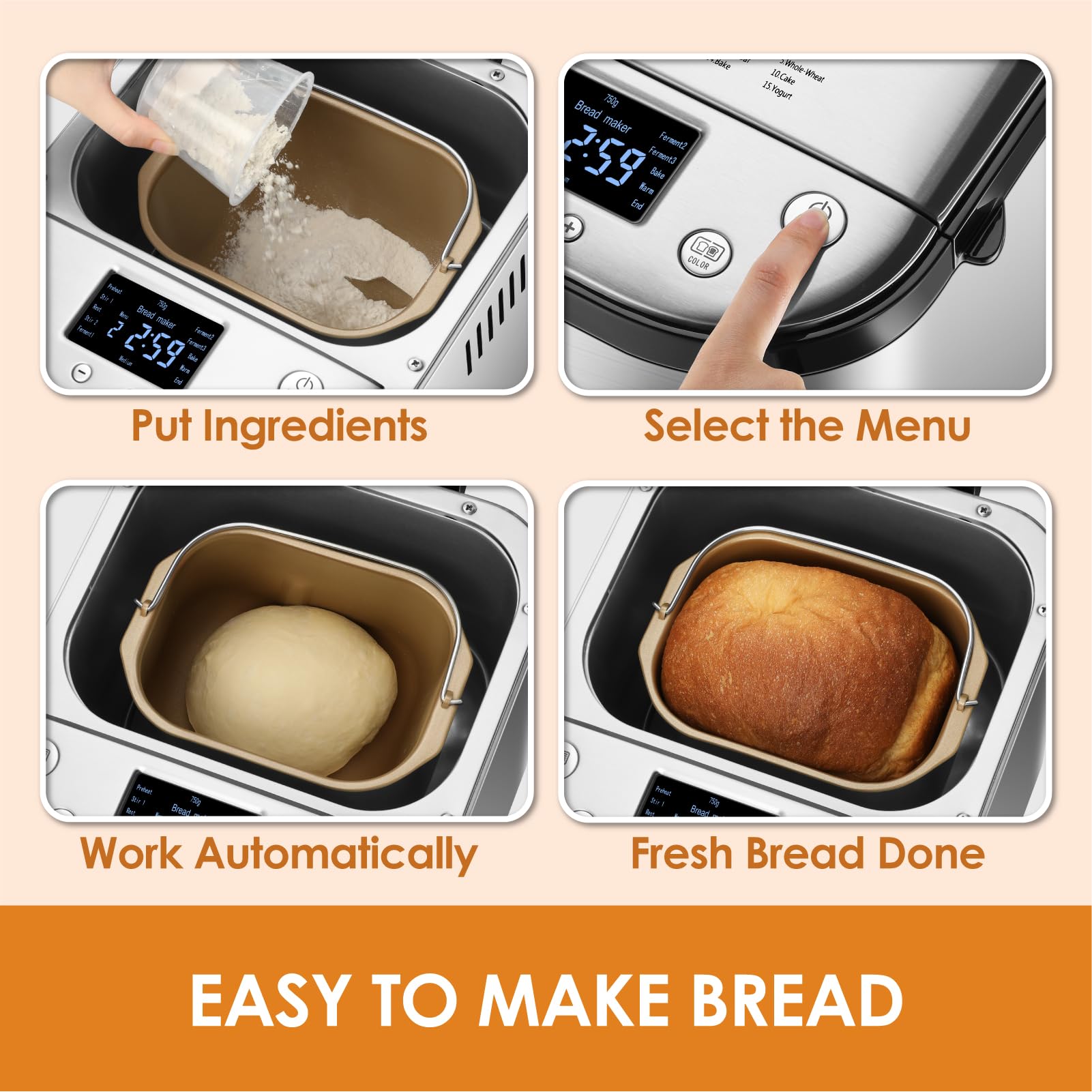 **Automatic Bread Maker Machine with Gluten-Free Setting – 1LB, 1.5LB, 2LB Capacity – 15-in-1 Stainless Steel Breadmaker with Homemade Cycle & Recipes – Perfect for Gluten-Free, Whole Wheat, and Artisan Bread Baking at Home (Silver)**