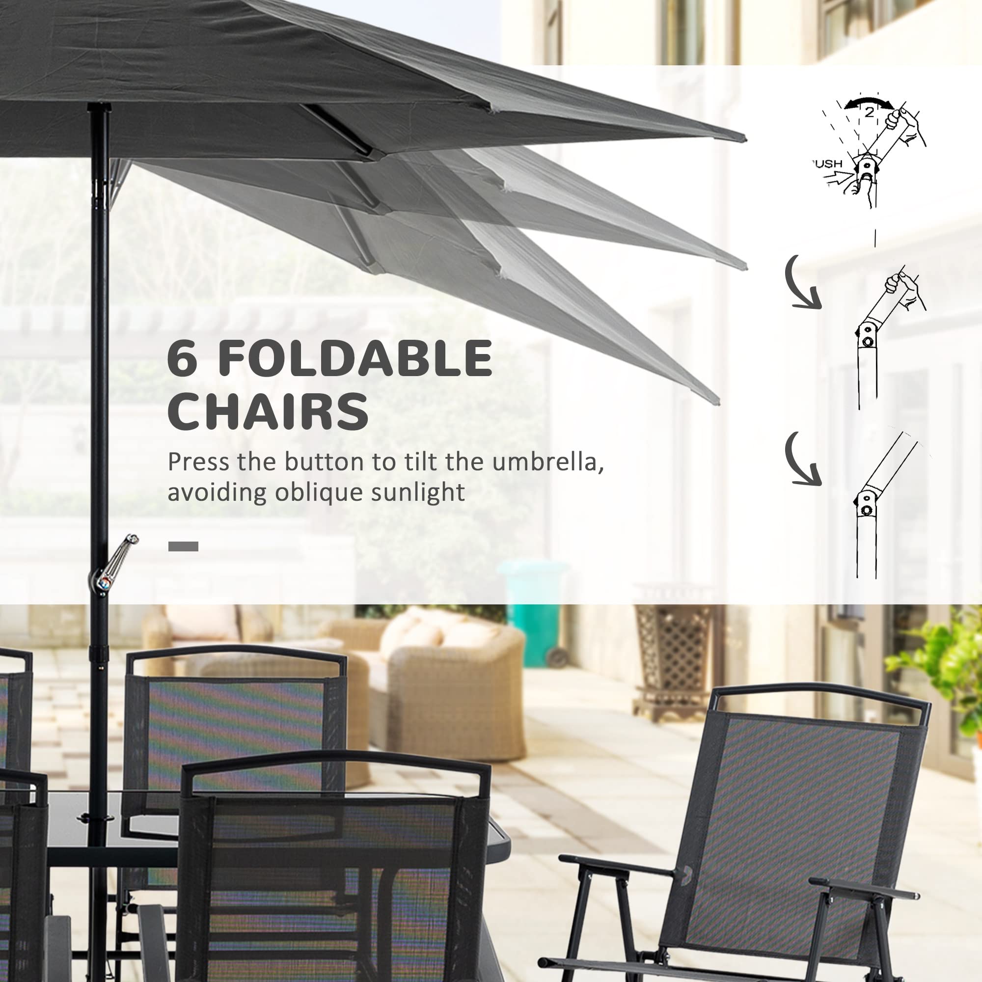 Outsunny 8-Piece Black Patio Dining Set with Rectangle Table, 6 Folding Chairs & Umbrella | Outdoor Furniture for Garden, Backyard & Poolside Dining