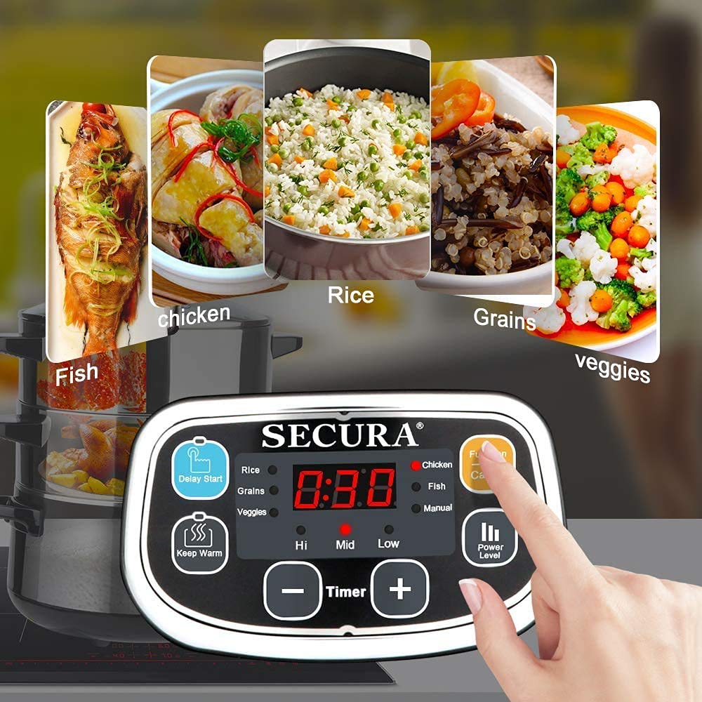 Secura 1200W Electric Food Steamer with Digital Timer - 8.5 Quart Stainless Steel Double Tiered Stackable Baskets for Fast Heating Vegetables & Healthy Cooking | Perfect for Meal Prep, Baby Food & Family Dinners