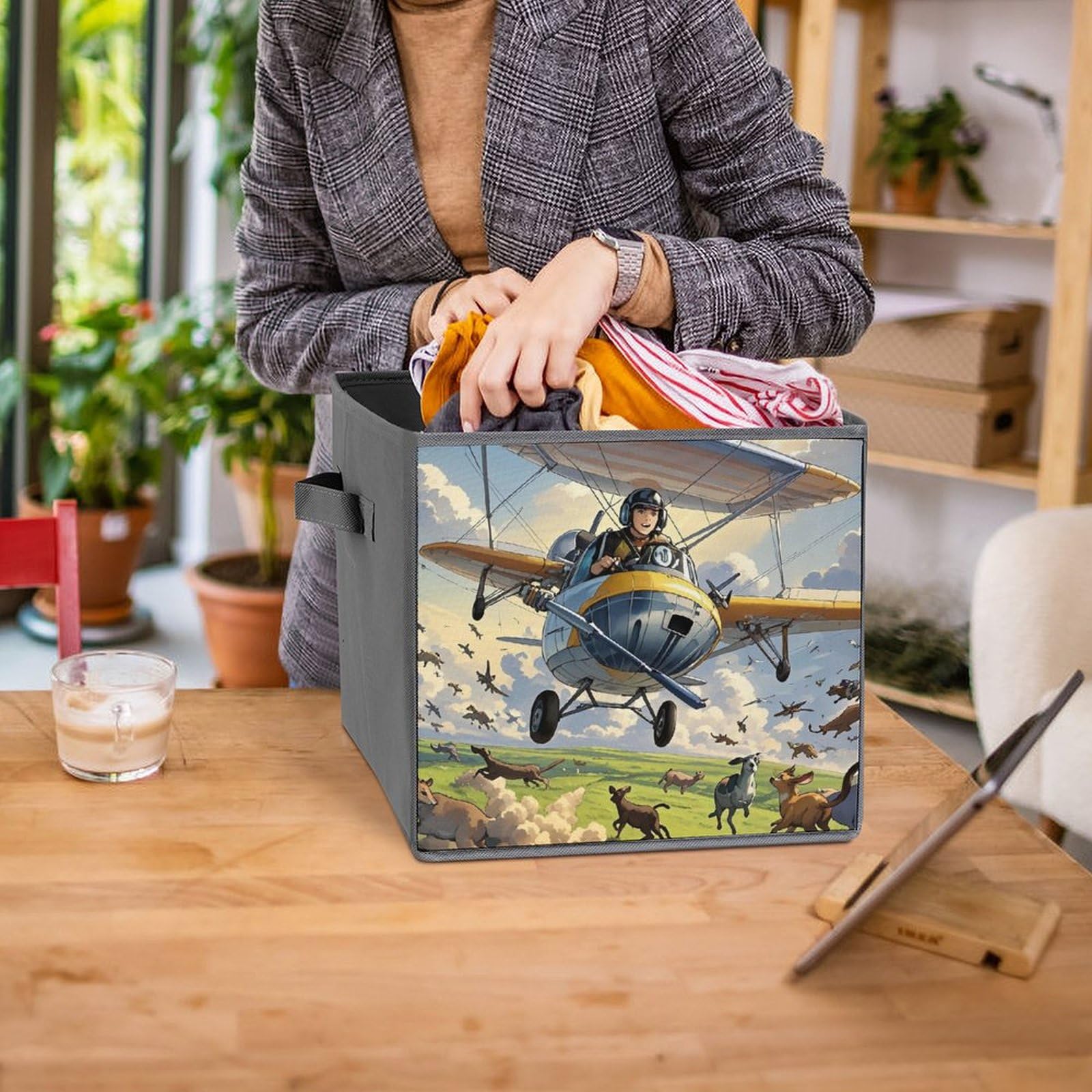 1PCS Foldable Storage Bins with Handles - Large Capacity Printed Storage Boxes (Planes Fly Animals Run Design) for Playroom, Office & Home Organization - Perfect for Kids' Toys, Books & Clutter Control