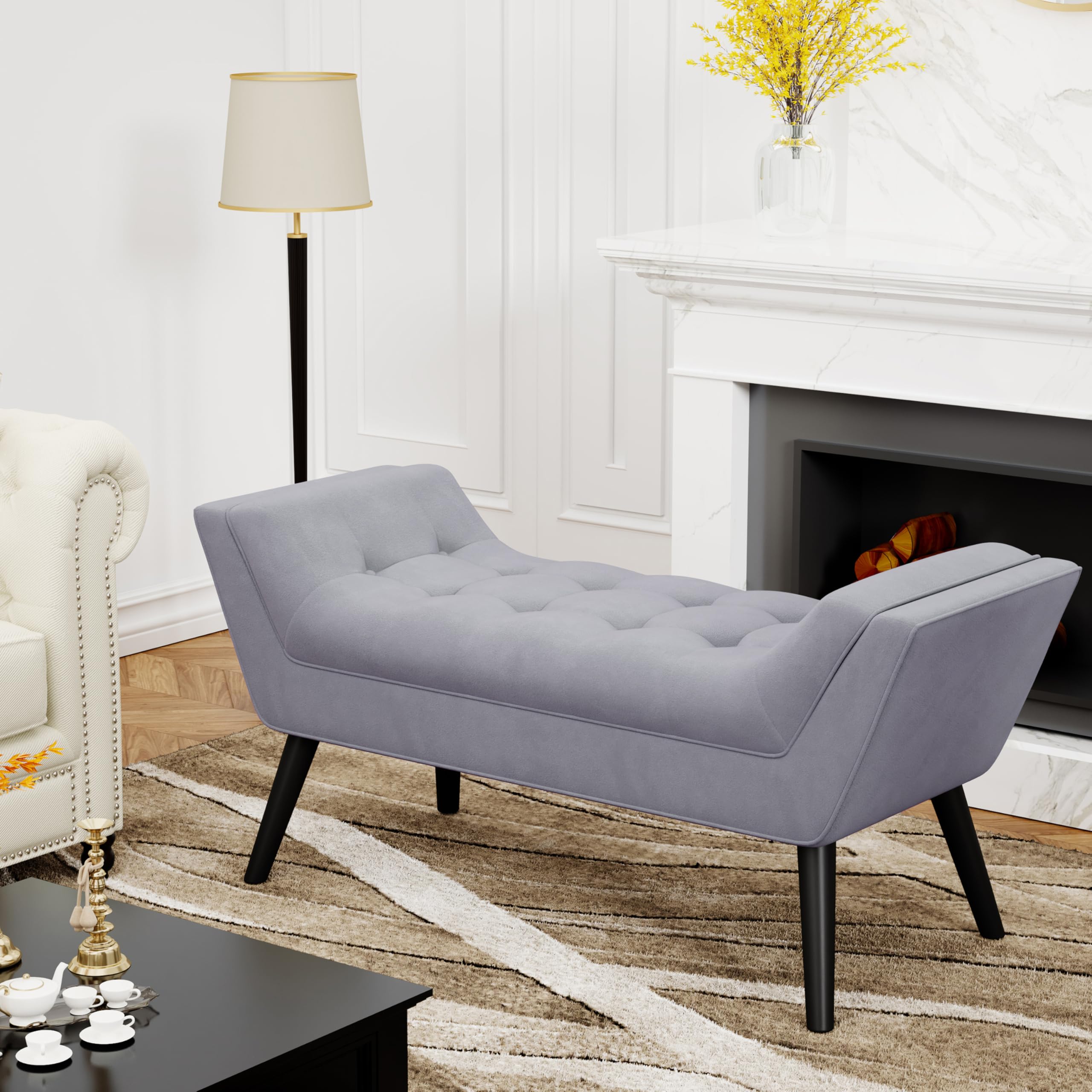 Velvet Tufted Ottoman Bench with Storage - Light Gray Upholstered Bed Bench for Bedroom, Entryway, or Living Room - 2-Seater Footstool with Wooden Legs - Perfect for Extra Seating & Stylish Home Decor