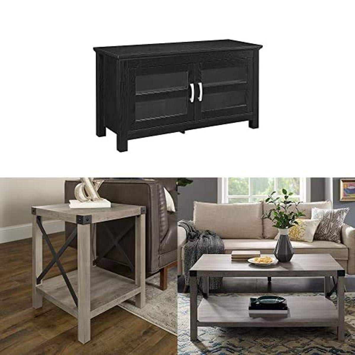 Walker Edison 18 Inch 2-Door TV Stand Cabinet with Storage Shelf, Small End Table & Rectangle Coffee Table Ottoman - Gray Wash for Living Room, Bedroom & Home Office