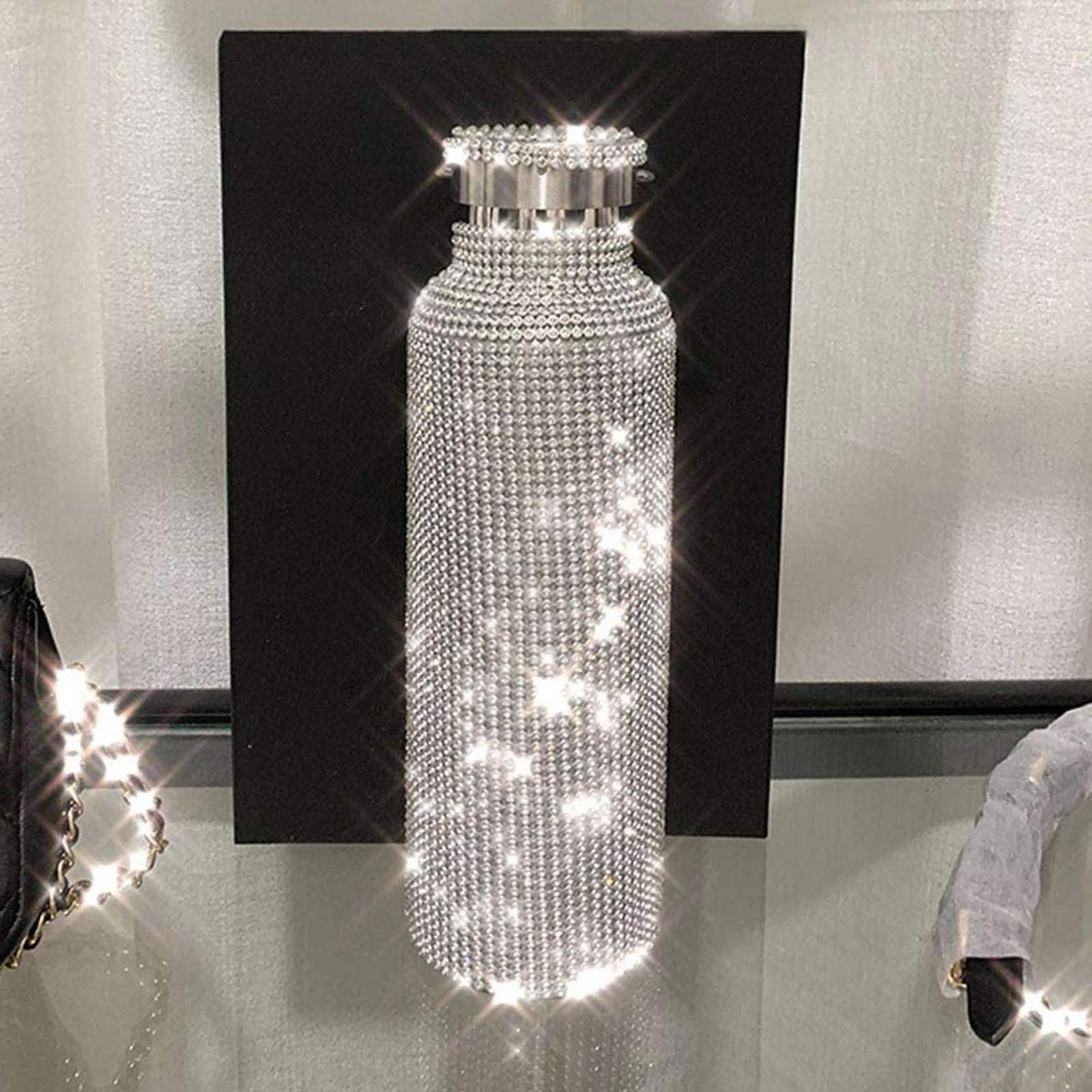 Stylish Rhinestone Insulated Stainless Steel Water Bottle 500ml - Double Walled Vacuum Flask with Lid - Golden Diamond Design for Women & Girls - Perfect for Gym, Office, Travel & Outdoor Activities