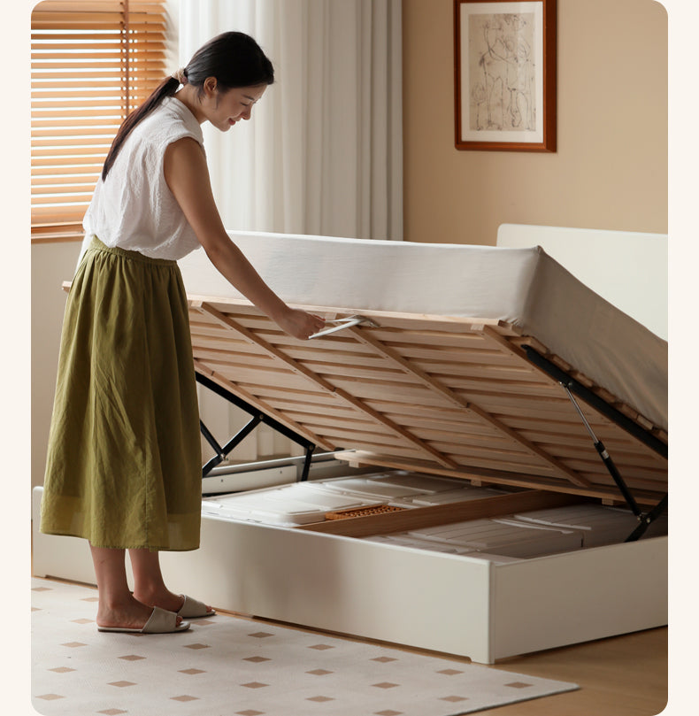 Solid Poplar Wood Box Storage Bed in Cream - Underbed Storage Solution for Small Spaces, Bedroom Organization & Minimalist Decor