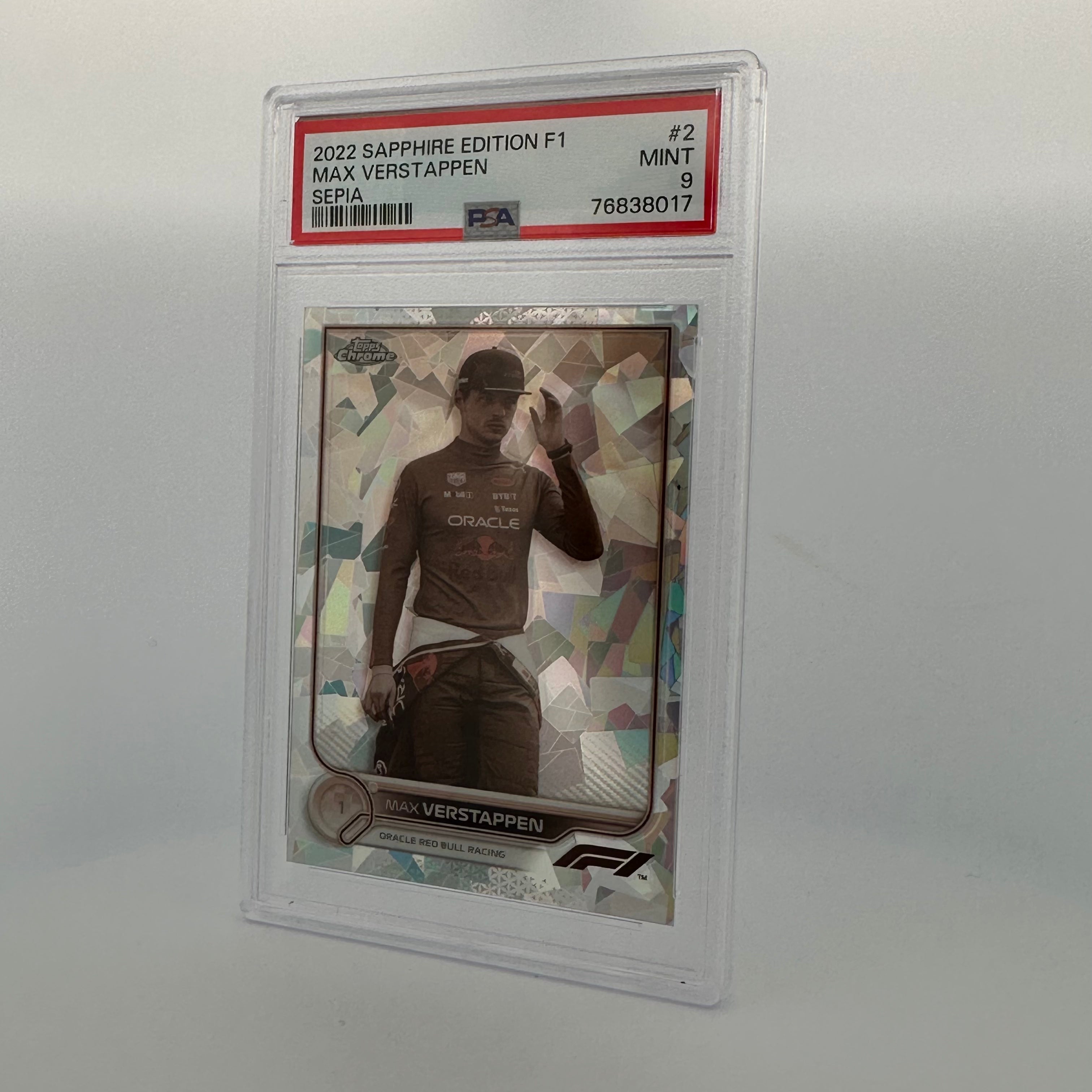 PSA 9 Graded 036/100 MAX VERSTAPPEN #2 SAPPHIRE EDITION SEPIA Trading Card - Perfect for Collectors, Sports Memorabilia Displays & Formula 1 Fan Gifts