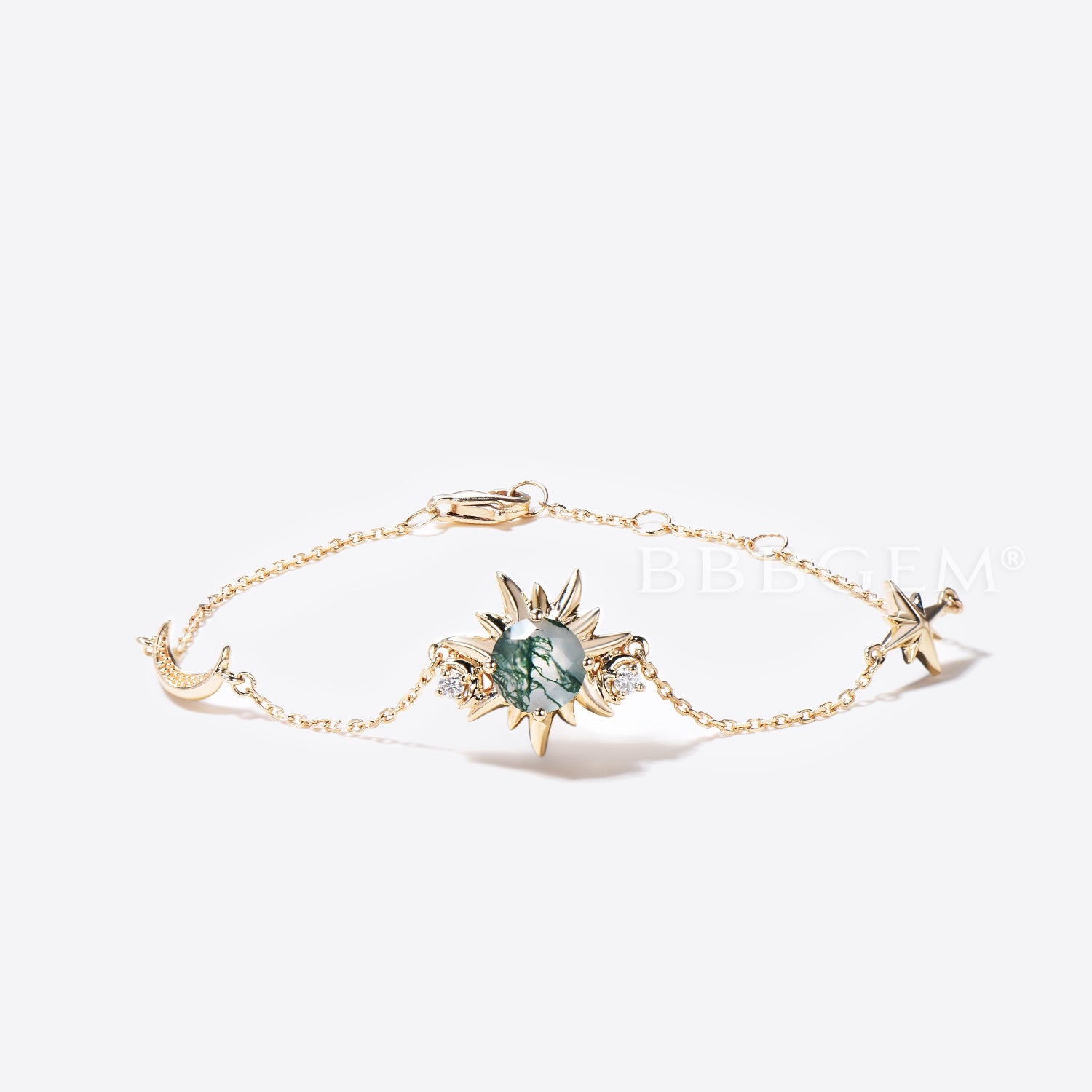 14K Solid Gold Sun Bracelet with Natural Green Moss Agate - Elegant Wedding Jewelry for Women - Perfect for Bridal, Anniversary, and Special Occasion Gifts