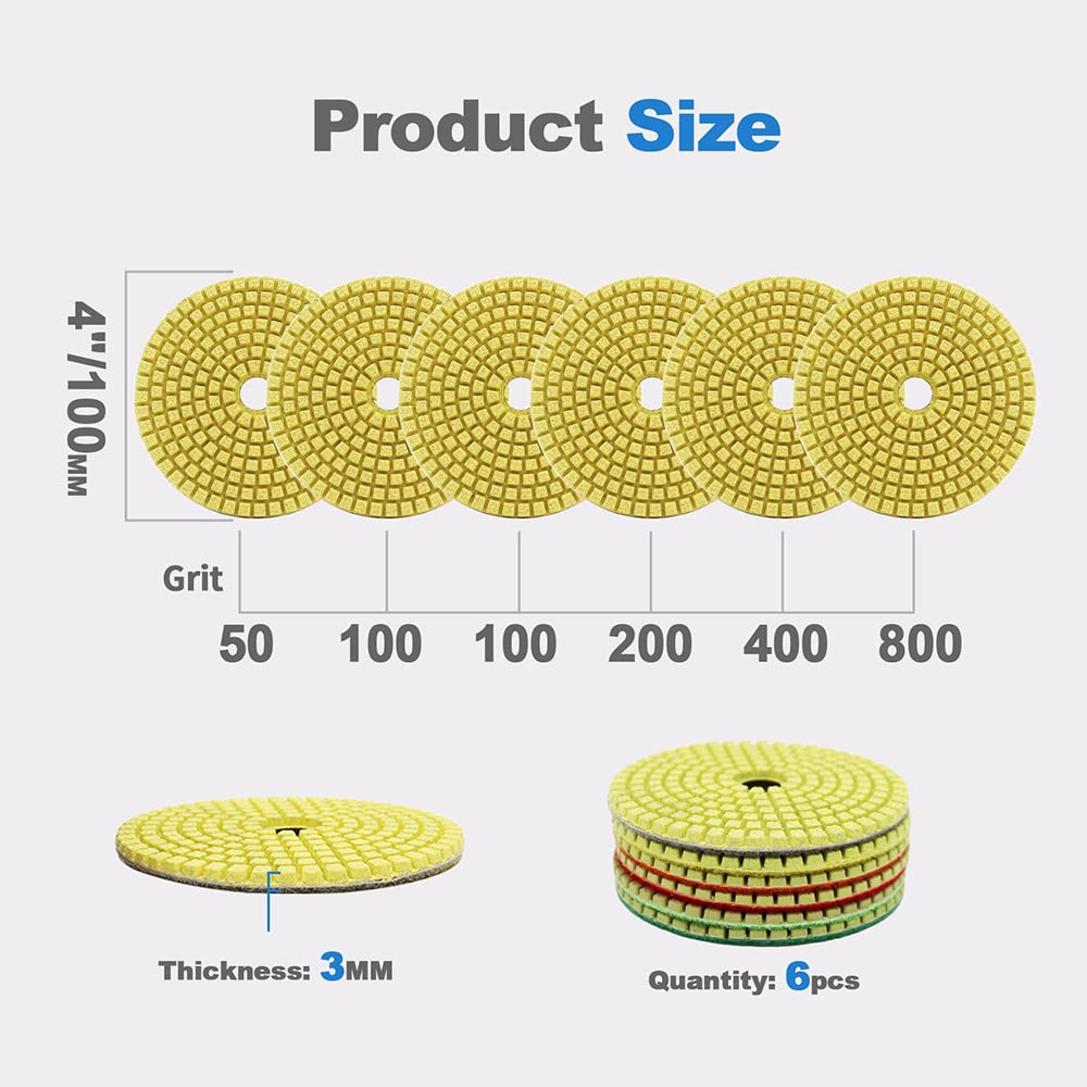 Wet Diamond Polishing Pads 6-Piece Set (4 Inch, #50#100#200#400#800#1500 Grit) for Granite, Marble, Ceramic & Artificial Stone - Professional Sanding & Polishing for Grinders & Polishers - Perfect for Countertops, Floors & DIY Home Renovation Projects