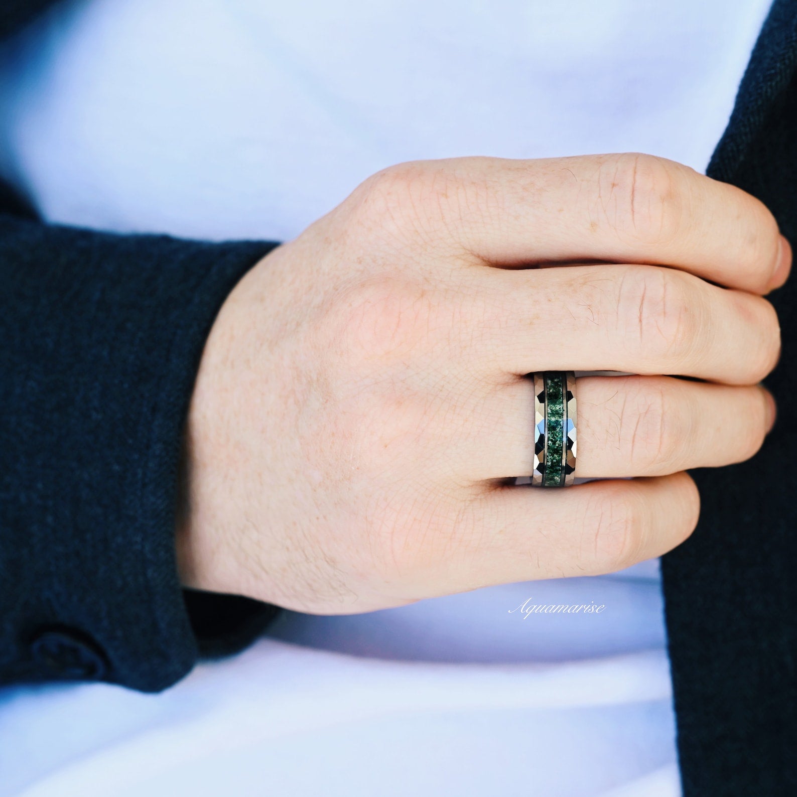 8MM Tungsten Moss Agate Wedding Band for Men & Women - Durable & Stylish Ring for Engagement, Anniversary, and Everyday Wear
