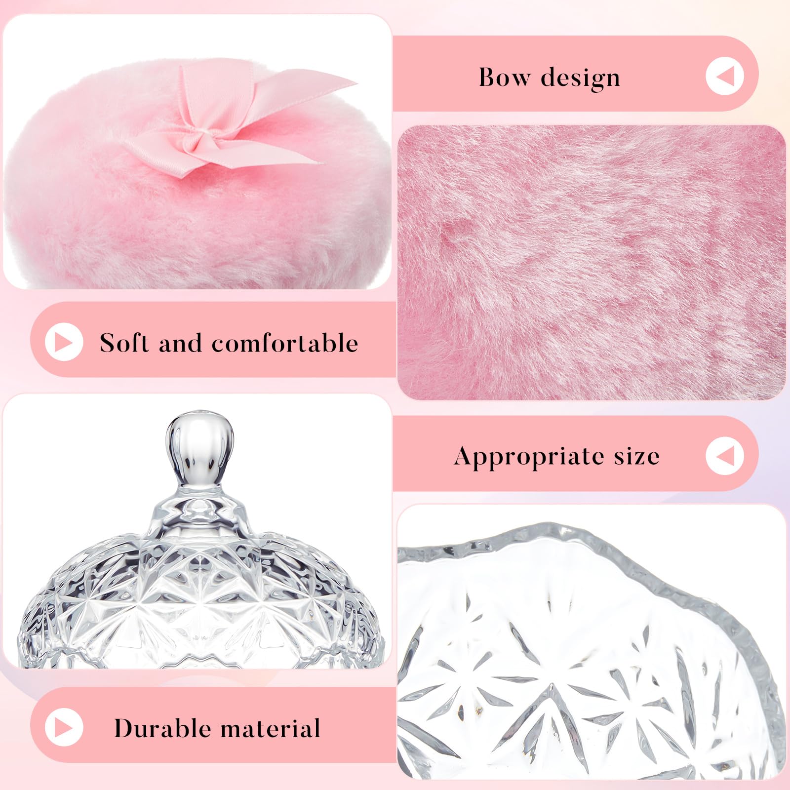 Tioncy 3-Piece Large Velour Powder Puff Set with Crystal Container - Soft, Washable & Reusable for Face & Body Makeup (Clear) - Perfect for Wet/Dry Application & Glitter Makeup
