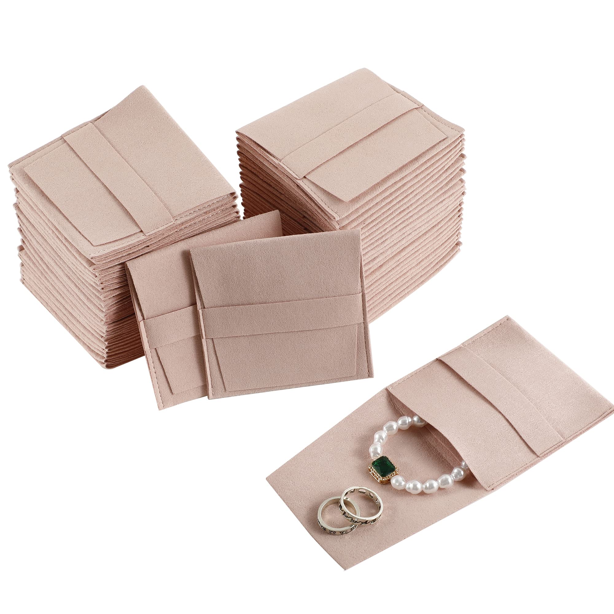 40-Piece Pink Microfiber Jewelry Pouches - 8x8cm Luxury Gift Bags with Fixed Strap for Earrings, Necklaces, Bracelets & Rings | Envelope-Style Jewelry Packaging for Retail, Wedding Favors & Travel Storage