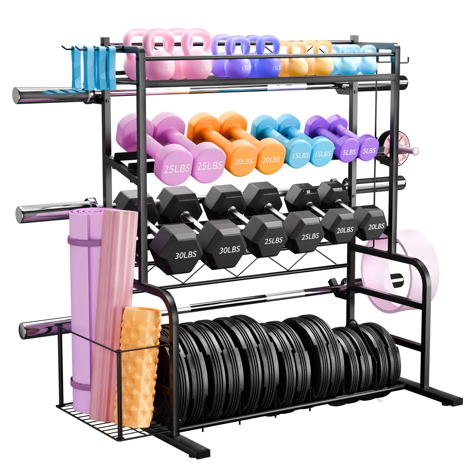 Bonvork XL Adjustable Dumbbell Rack - Heavy Duty Weight Stand with 3 Olympic Bar Holders & Bumper Plate Storage | Home Gym Equipment for Dumbbells, Kettlebells & Yoga Mats | Perfect for Garage Gym, CrossFit & Home Workouts