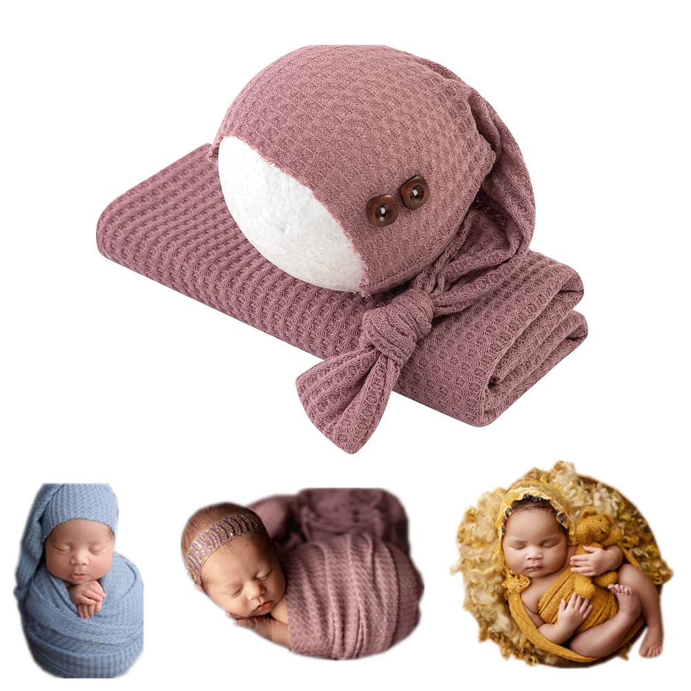 Newborn Photography Wrap Set - Soft Stretch Knit Baby Swaddle Blanket & Matching Knot Hat for Newborn Photo Props (15.74