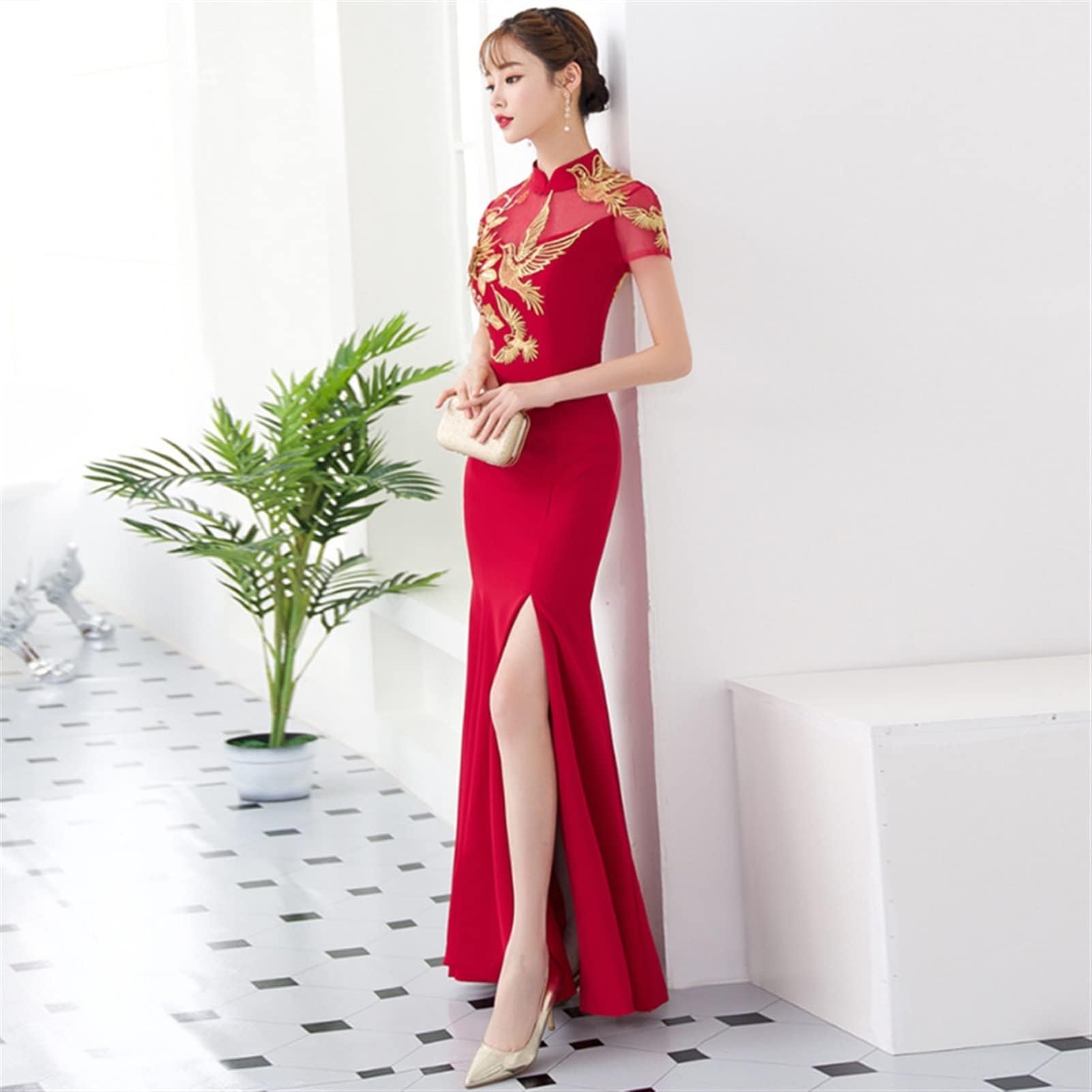 Elegant Red Traditional Chinese Qipao Wedding Dress - Embroidered Cheongsam Gown for Brides, Evening Party & Special Occasions (Red, XXL) | Perfect for Weddings, Cultural Events & Formal Gatherings