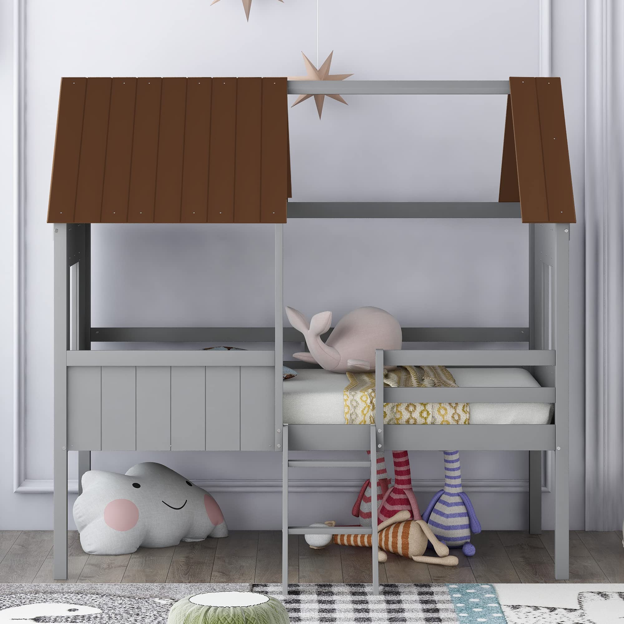 Twin Size Low Loft Bed for Kids - Wooden House Bed Frame with Side Windows, Roof & Safety Rails - Antique Gray - Perfect for Small Rooms & Play Areas