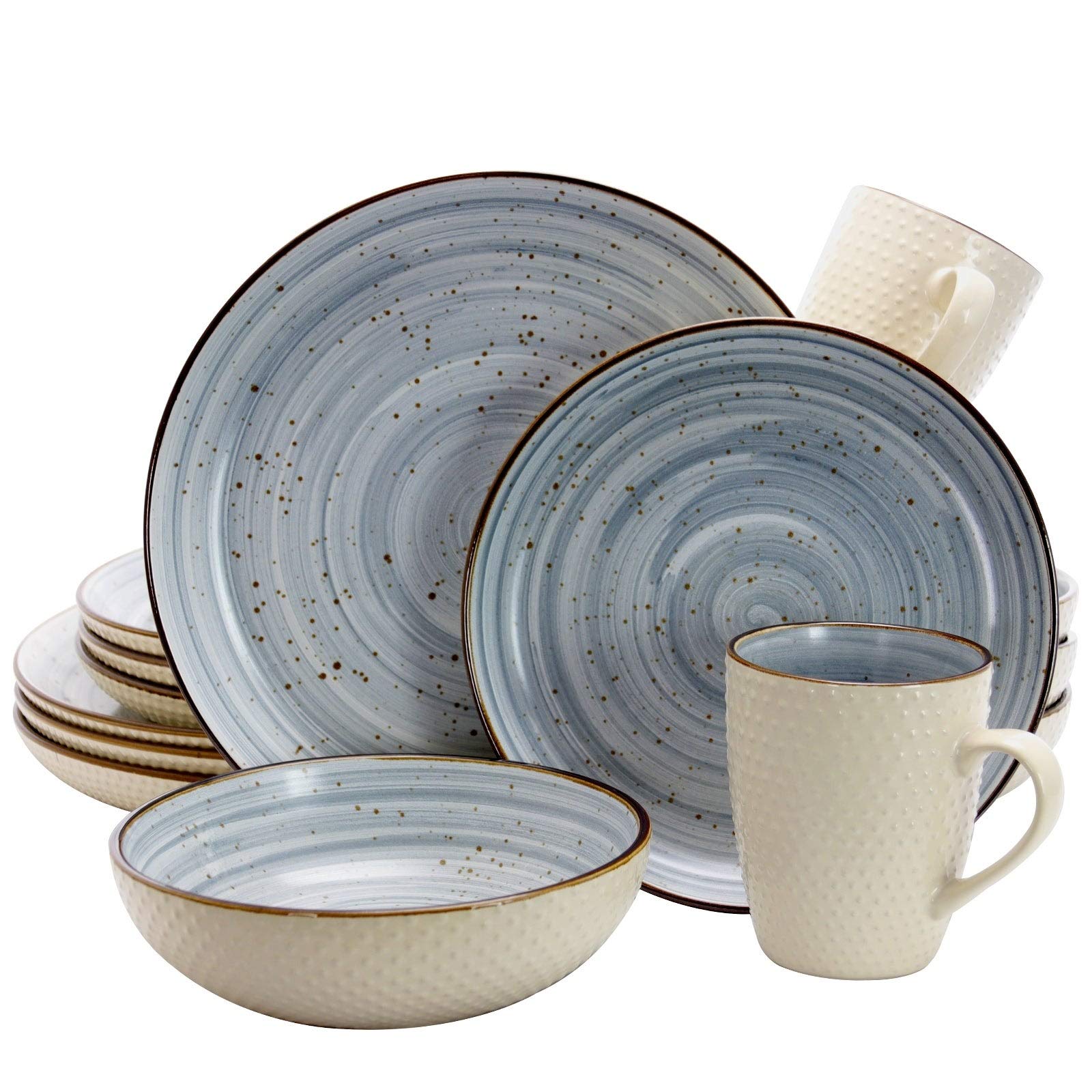 Powder Blue Embossed Dot Two-Tone 16-Piece Dinnerware Set - Textured Stoneware Plates & Bowls, Microwave & Dishwasher Safe - Perfect for Casual Dining, Family Gatherings & Everyday Use