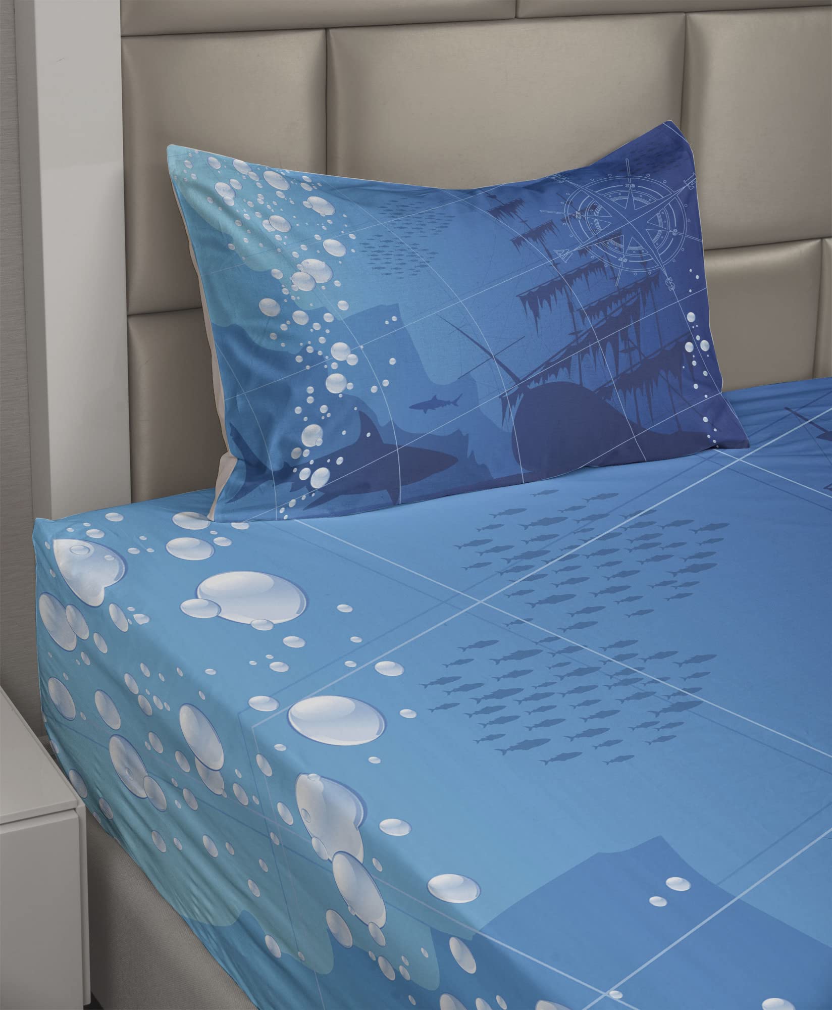 Ambesonne Nautical Shark & Ship Compass Bed Sheet Set - 3 Piece Twin XL Blue White Underwater Theme Bedding with Fitted Sheet, Flat Sheet & Pillowcase - Perfect for Kids' Rooms, Beach Houses & Ocean Lover Decor